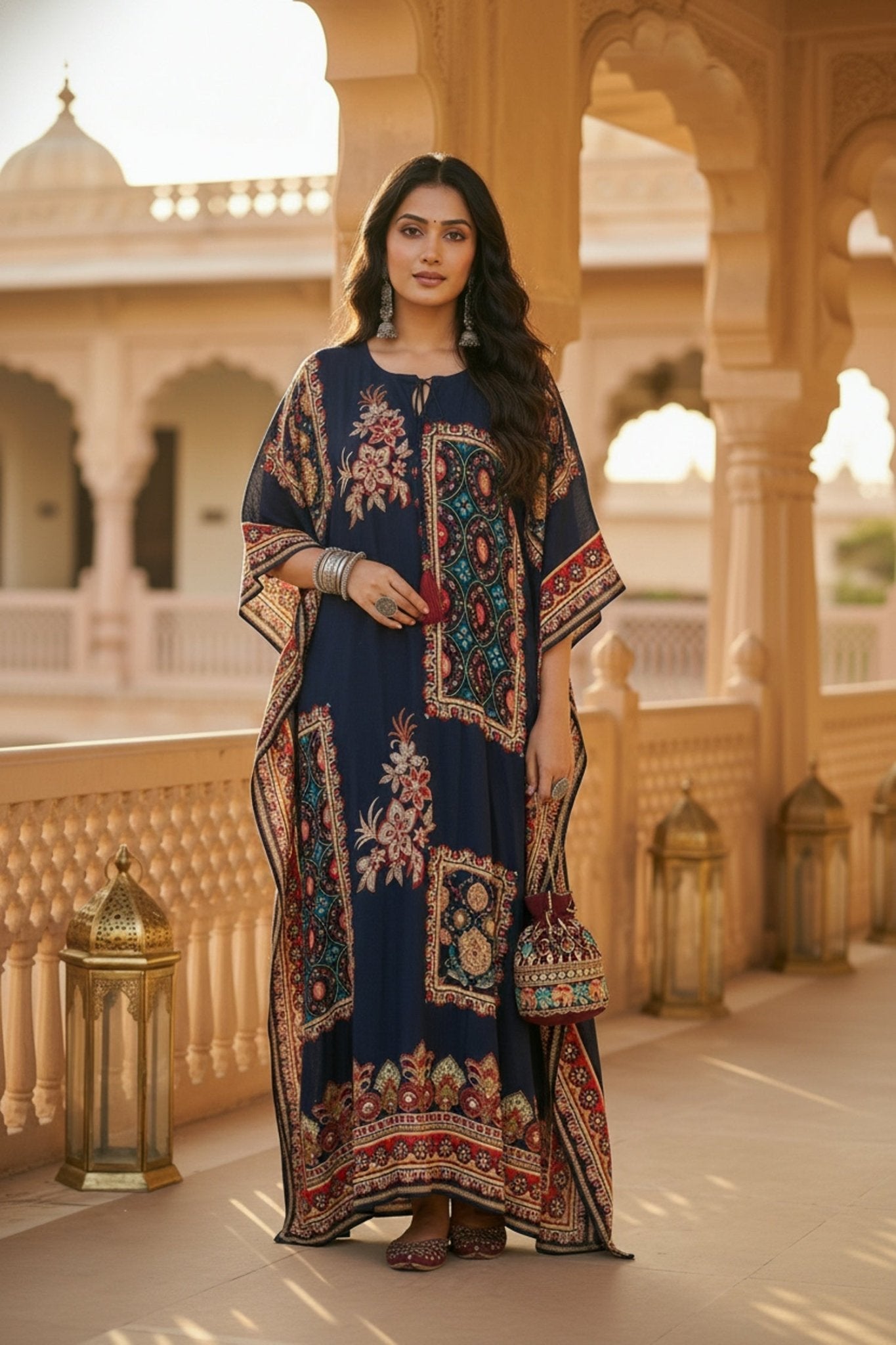 Long Navy Blue Kaftan with Digital Print - Freyaa USA & Canada