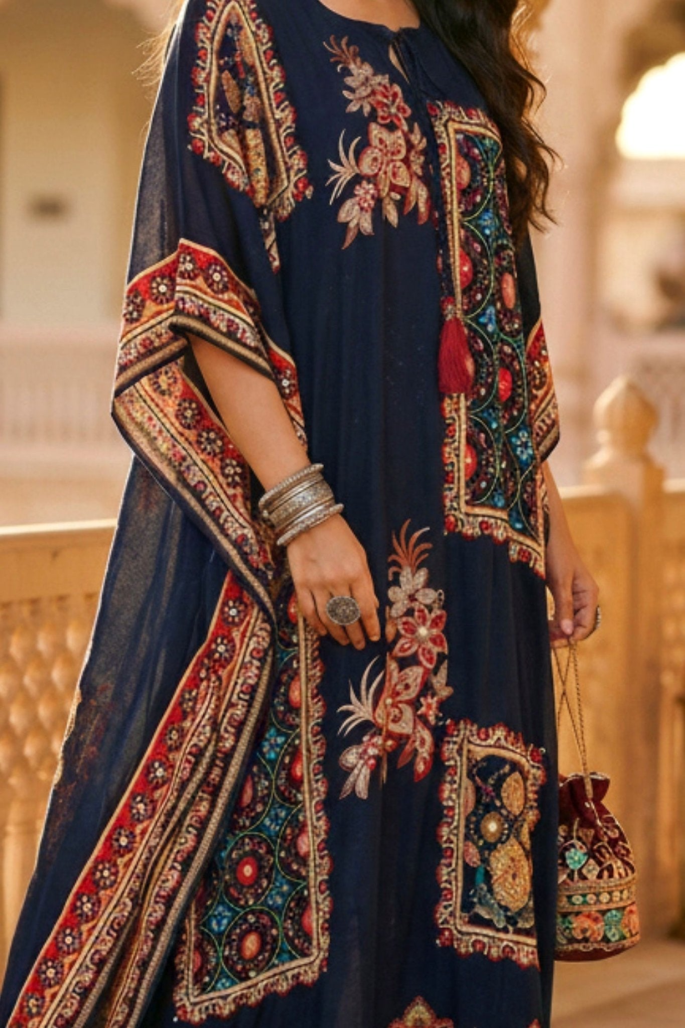 Long Navy Blue Kaftan with Digital Print - Freyaa USA & Canada