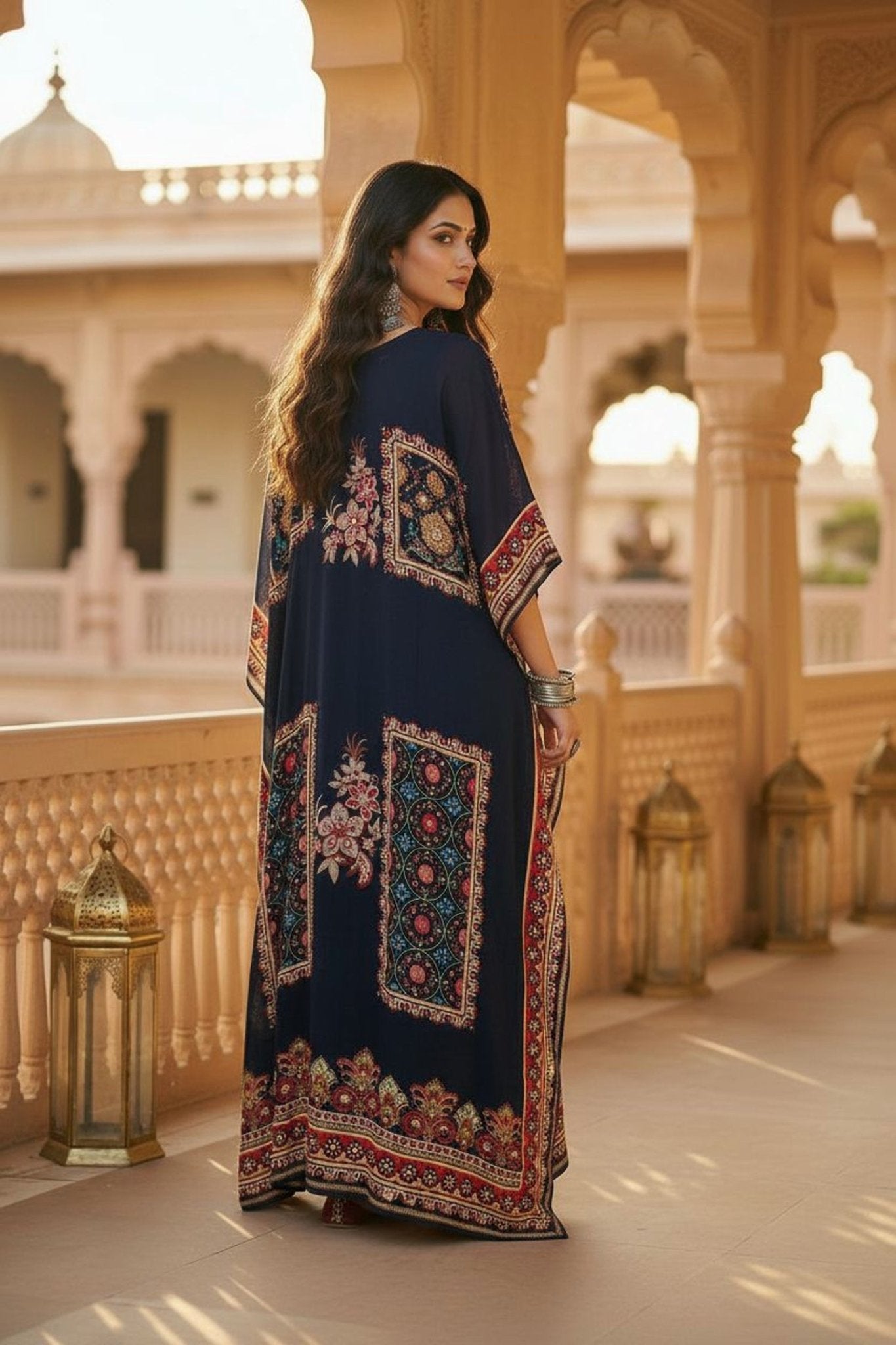 Long Navy Blue Kaftan with Digital Print - Freyaa USA & Canada