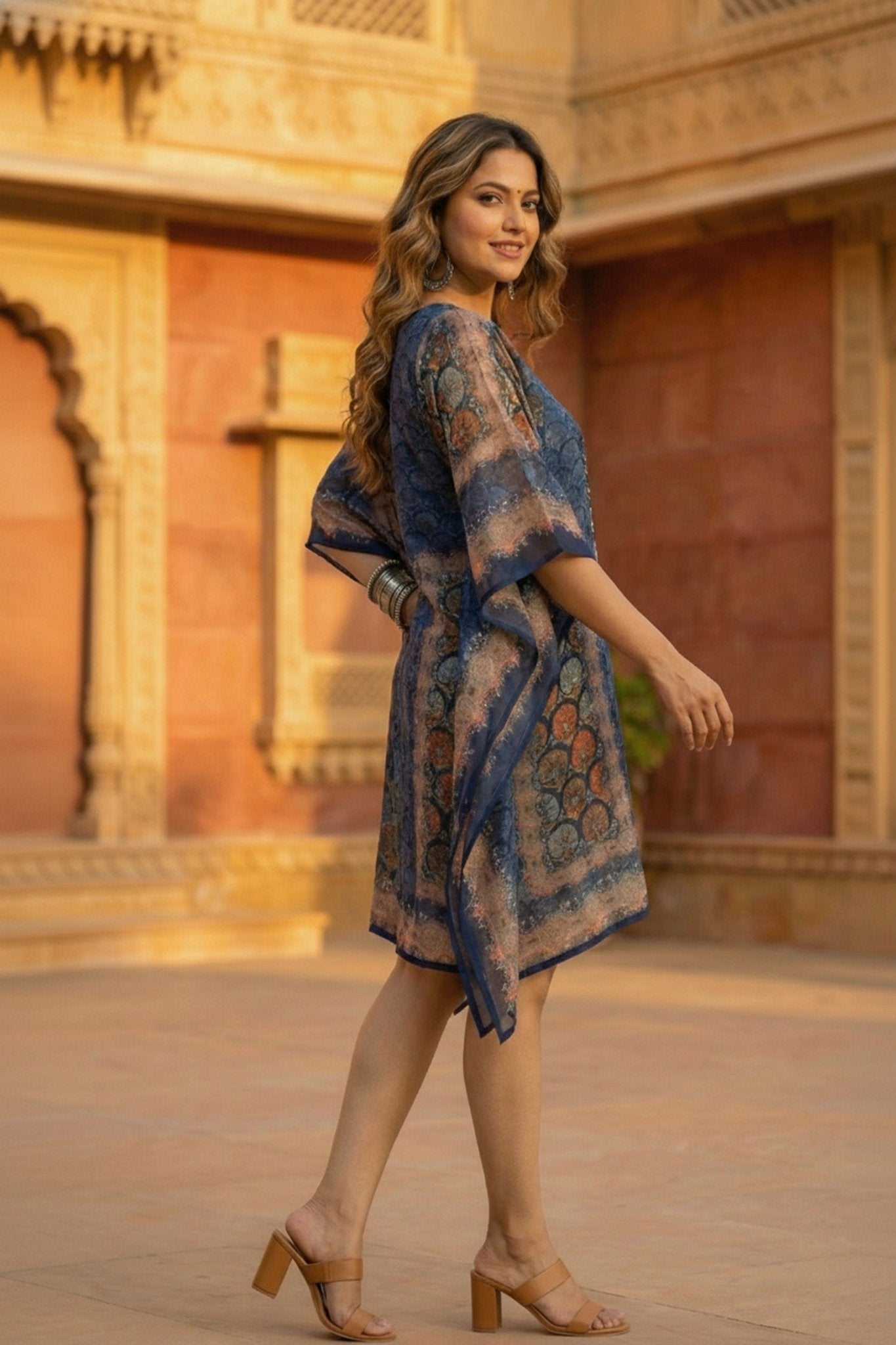 Navy Blue Printed Viscose Short Kaftan - Freyaa USA & Canada