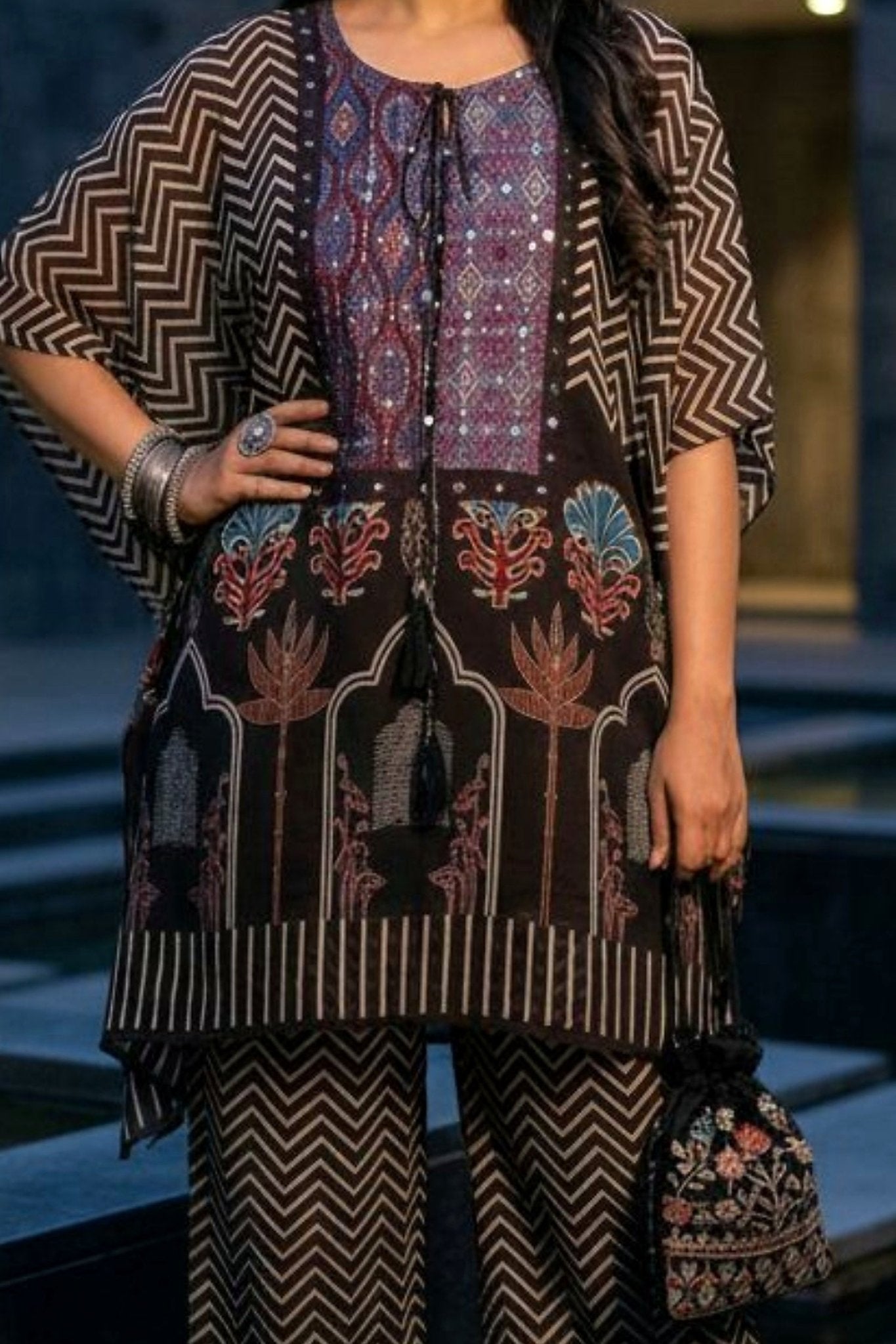 Brown Embroidered Printed Kaftan - Freyaa USA & Canada