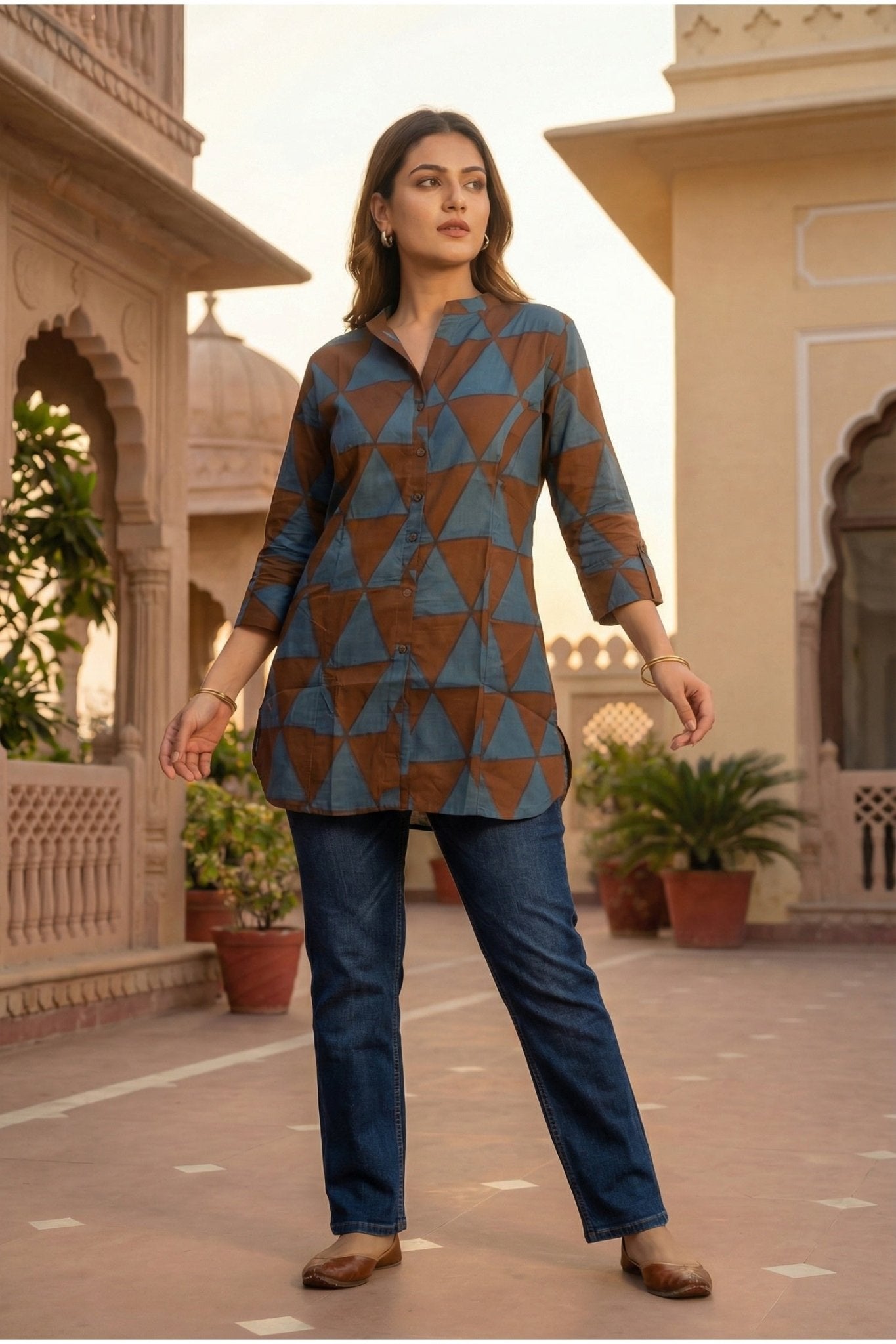Brown Cotton Top with Geometric Design - Freyaa USA & Canada