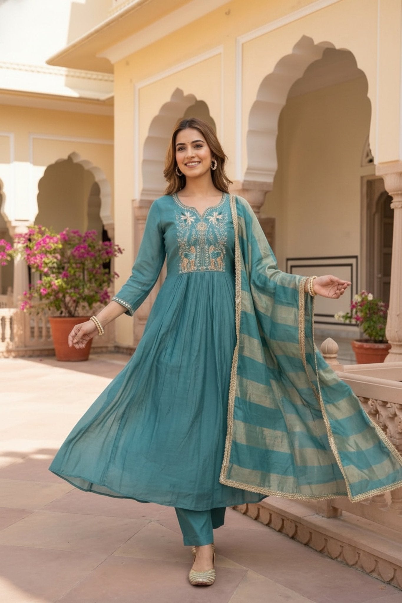 Blue Three-Piece Anarkali Set in Cotton with Thread Embroidery - Freyaa USA & Canada
