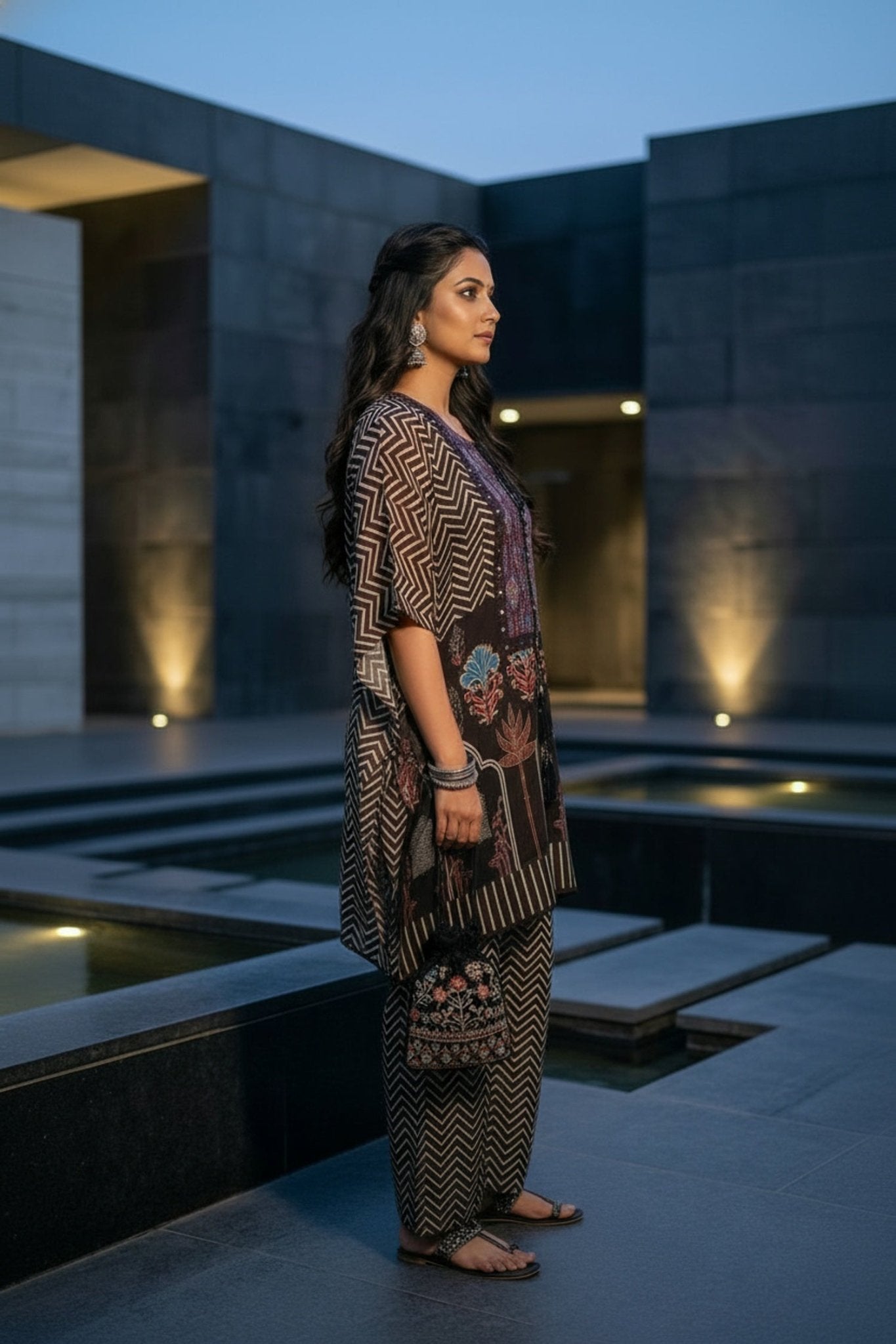 Brown Embroidered Printed Kaftan - Freyaa USA & Canada