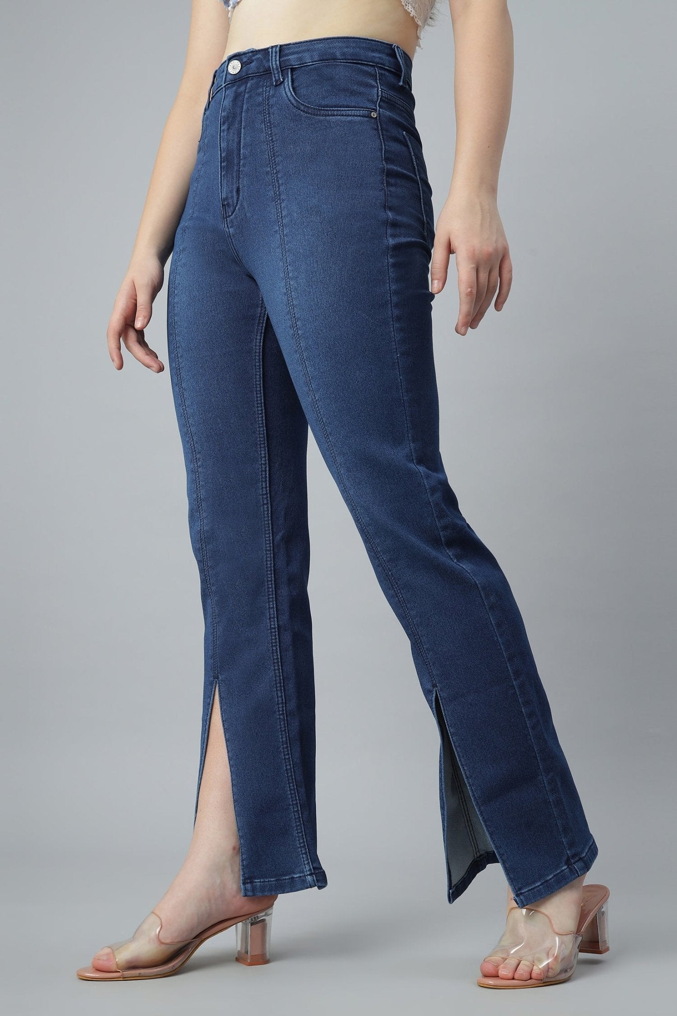 Side Slit Blue Denim - Freyaa USA & Canada