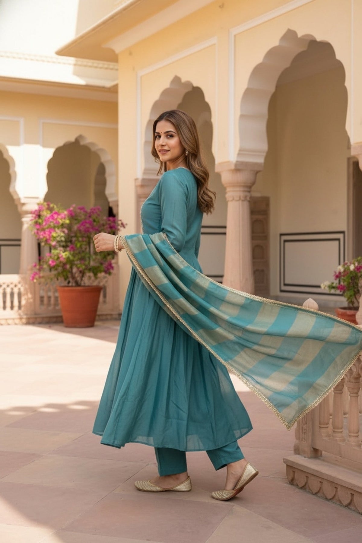 Blue Three-Piece Anarkali Set in Cotton with Thread Embroidery - Freyaa USA & Canada