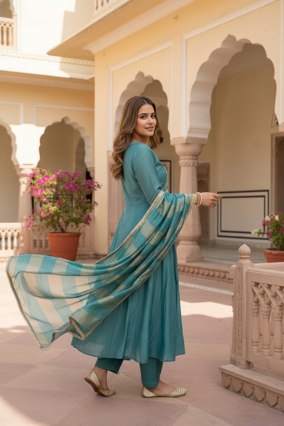 Blue Three-Piece Anarkali Set in Cotton with Thread Embroidery - Freyaa USA & Canada