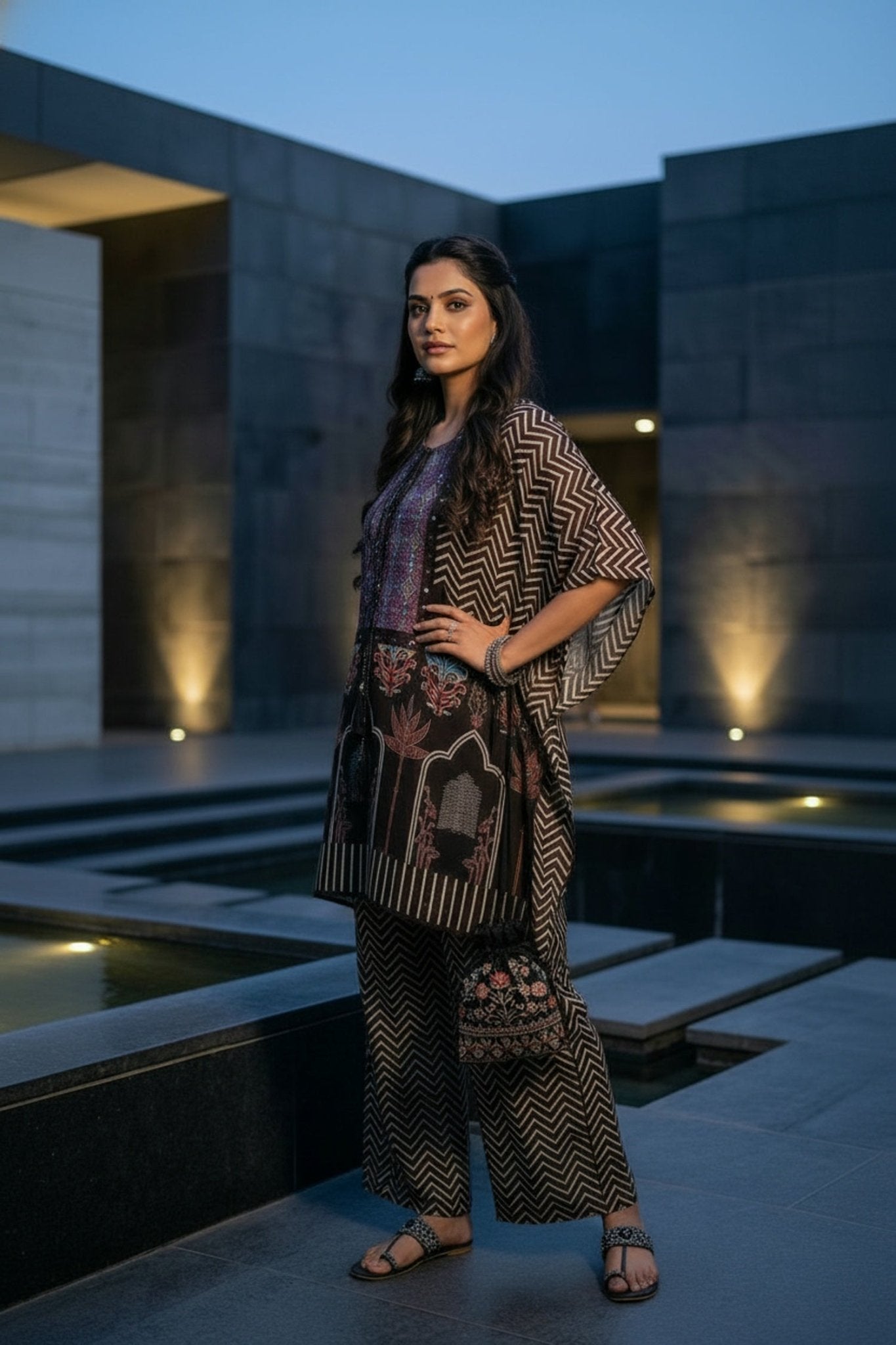 Brown Embroidered Printed Kaftan - Freyaa USA & Canada