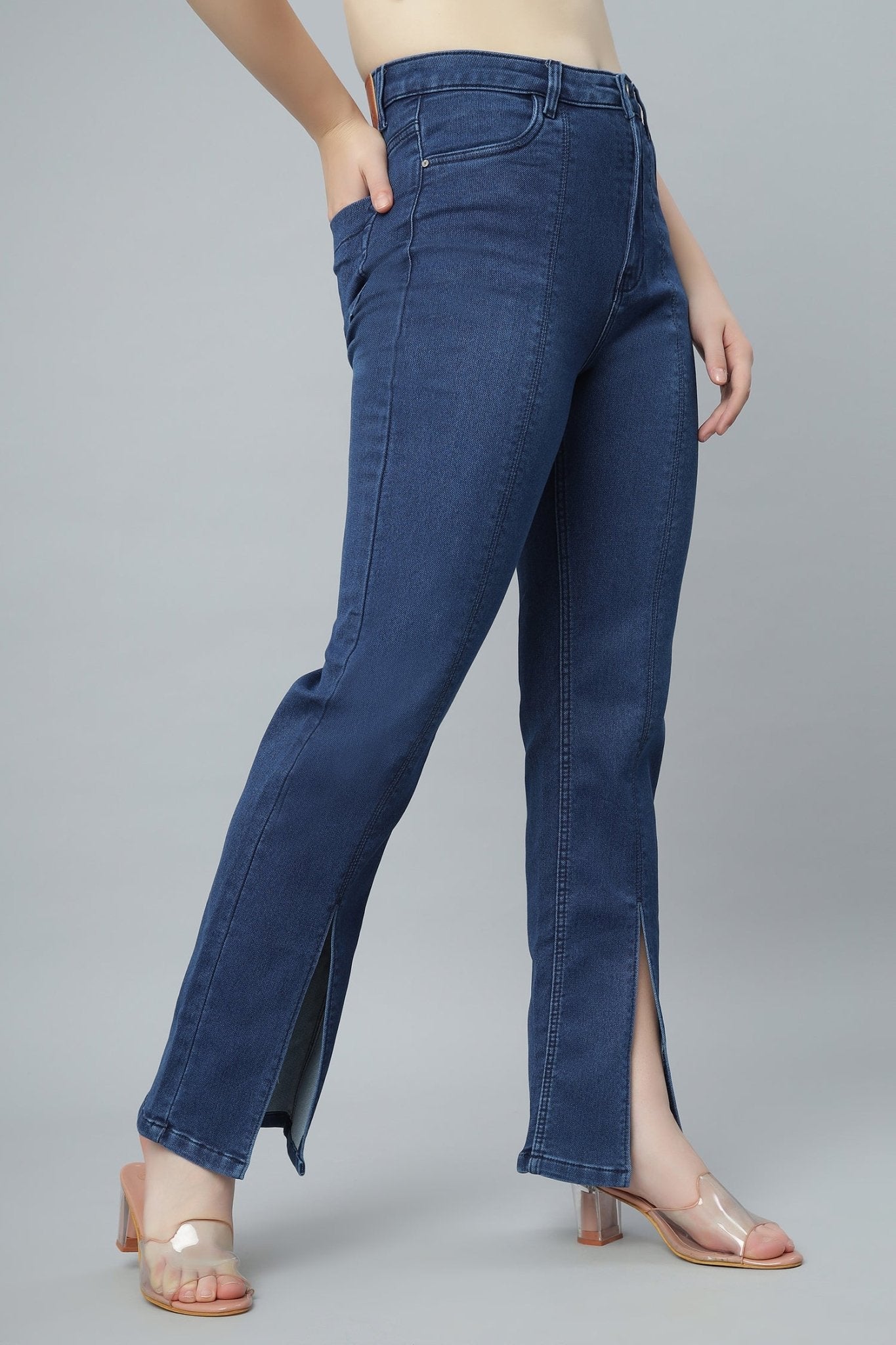 Side Slit Blue Denim - Freyaa USA & Canada