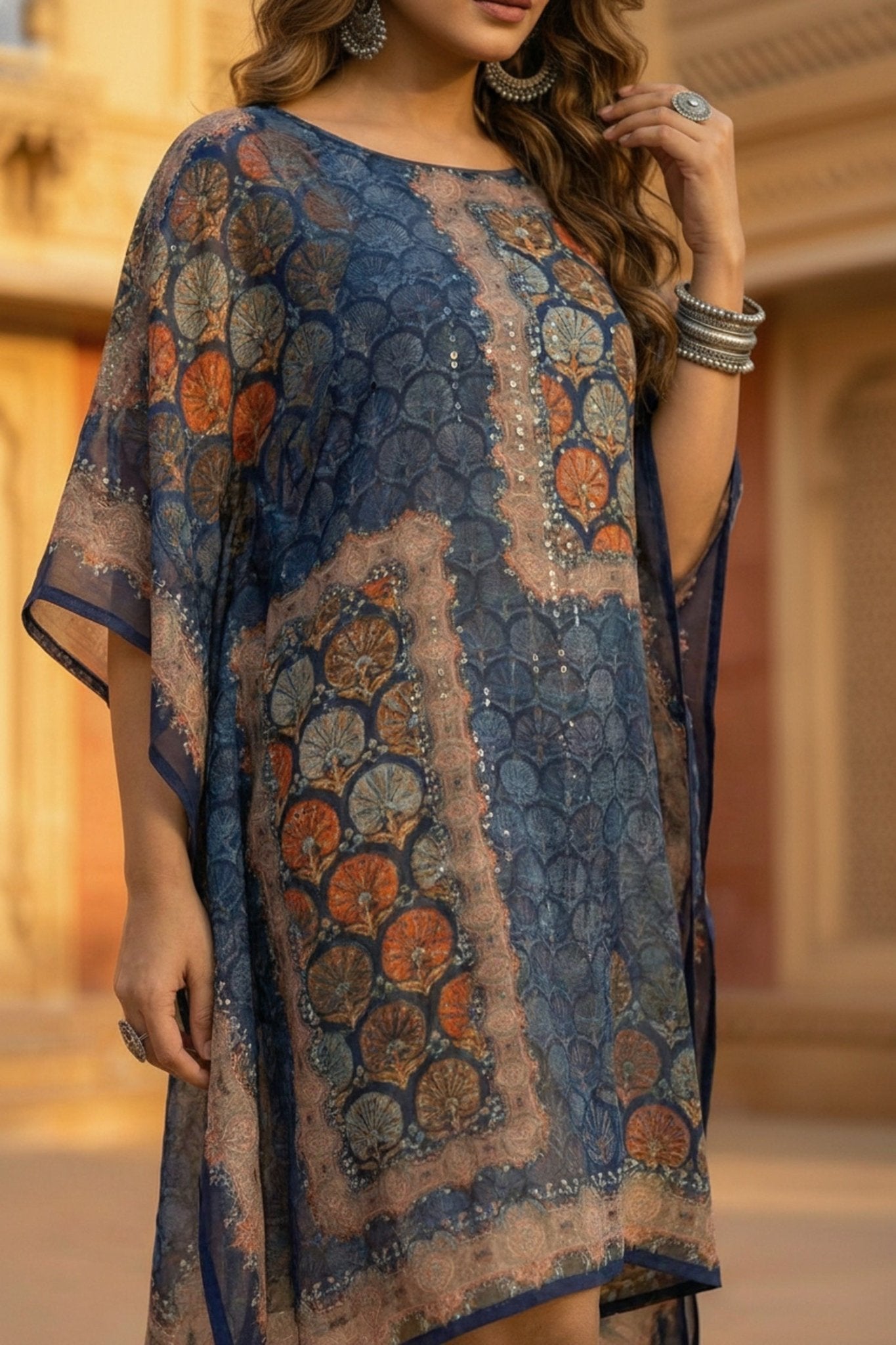 Navy Blue Printed Viscose Short Kaftan - Freyaa USA & Canada