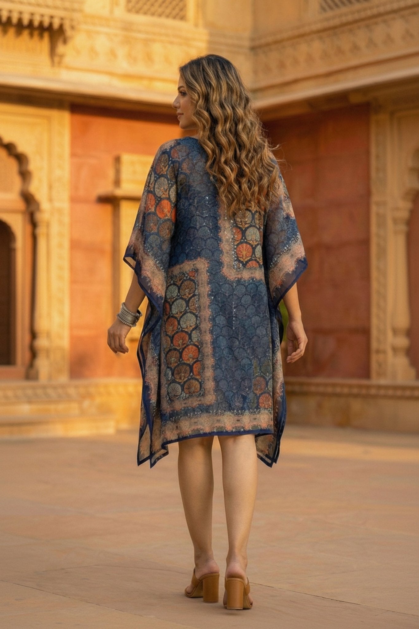 Navy Blue Printed Viscose Short Kaftan - Freyaa USA & Canada