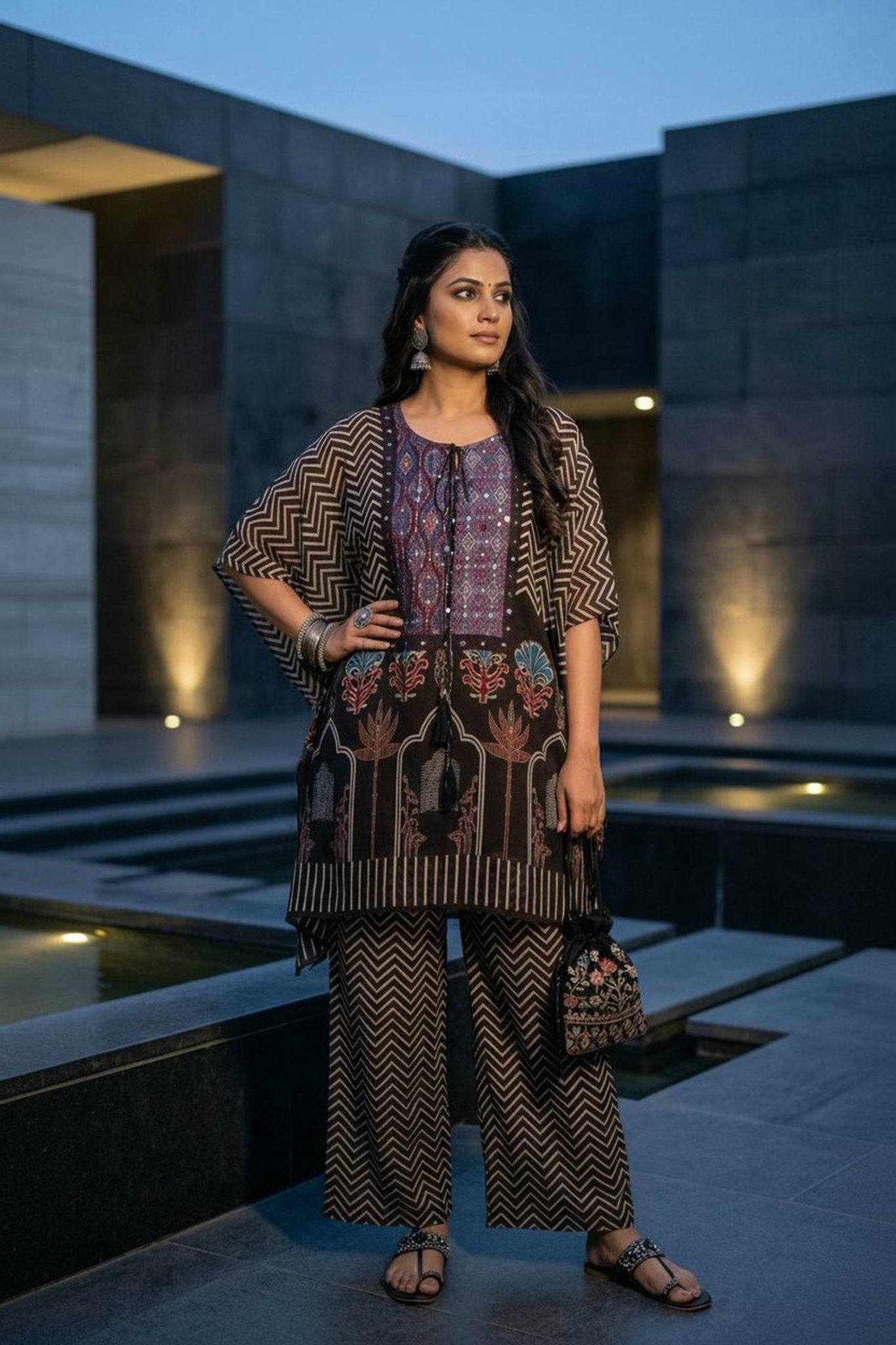 Brown Embroidered Printed Kaftan - Freyaa USA & Canada