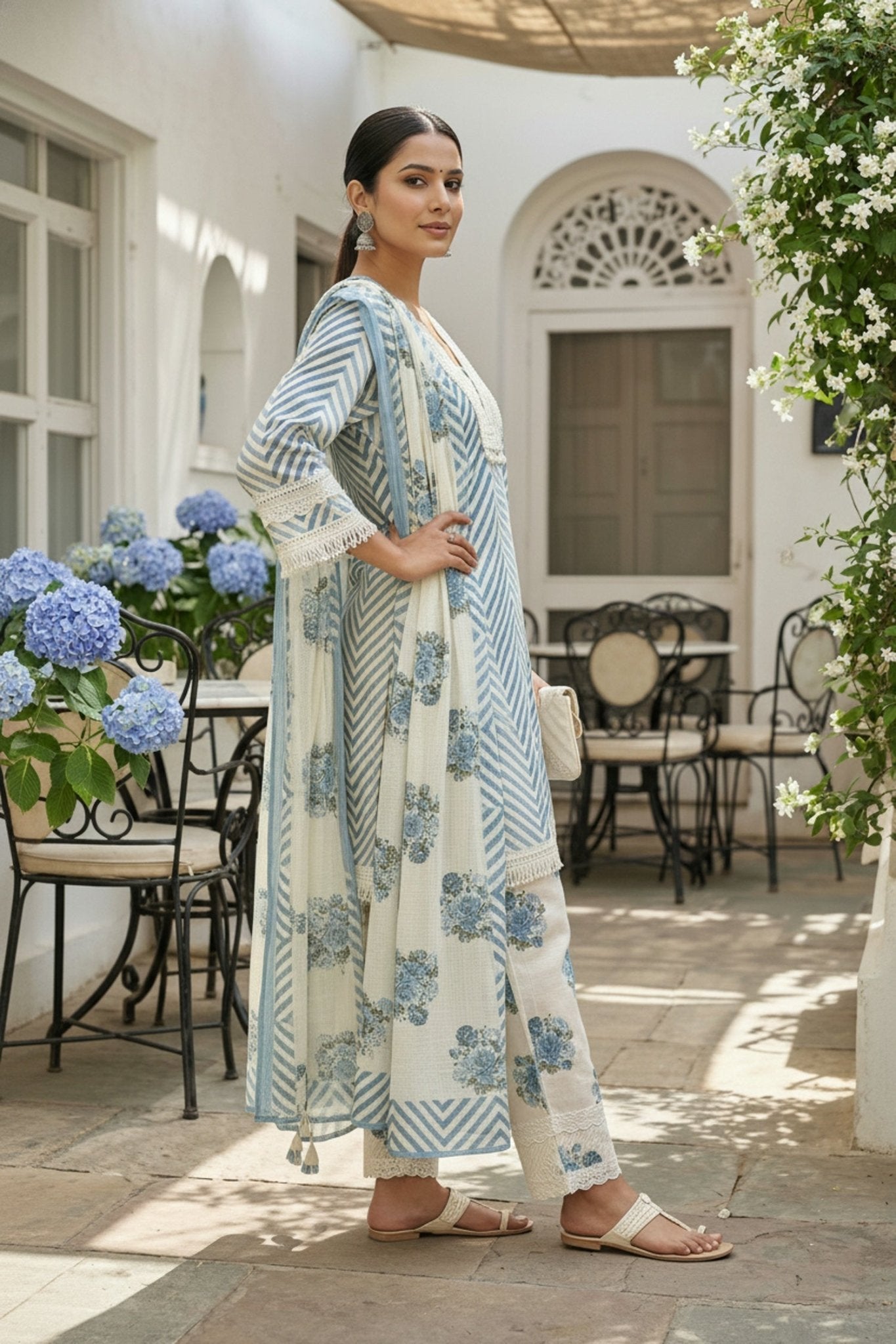 Blue Three-Piece Set with Straight Cut Pattern and Dupatta - Freyaa USA & Canada