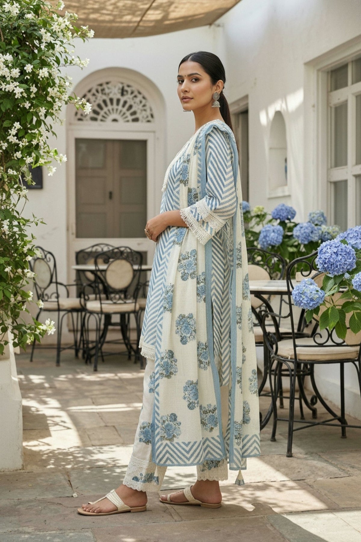 Blue Three-Piece Set with Straight Cut Pattern and Dupatta - Freyaa USA & Canada