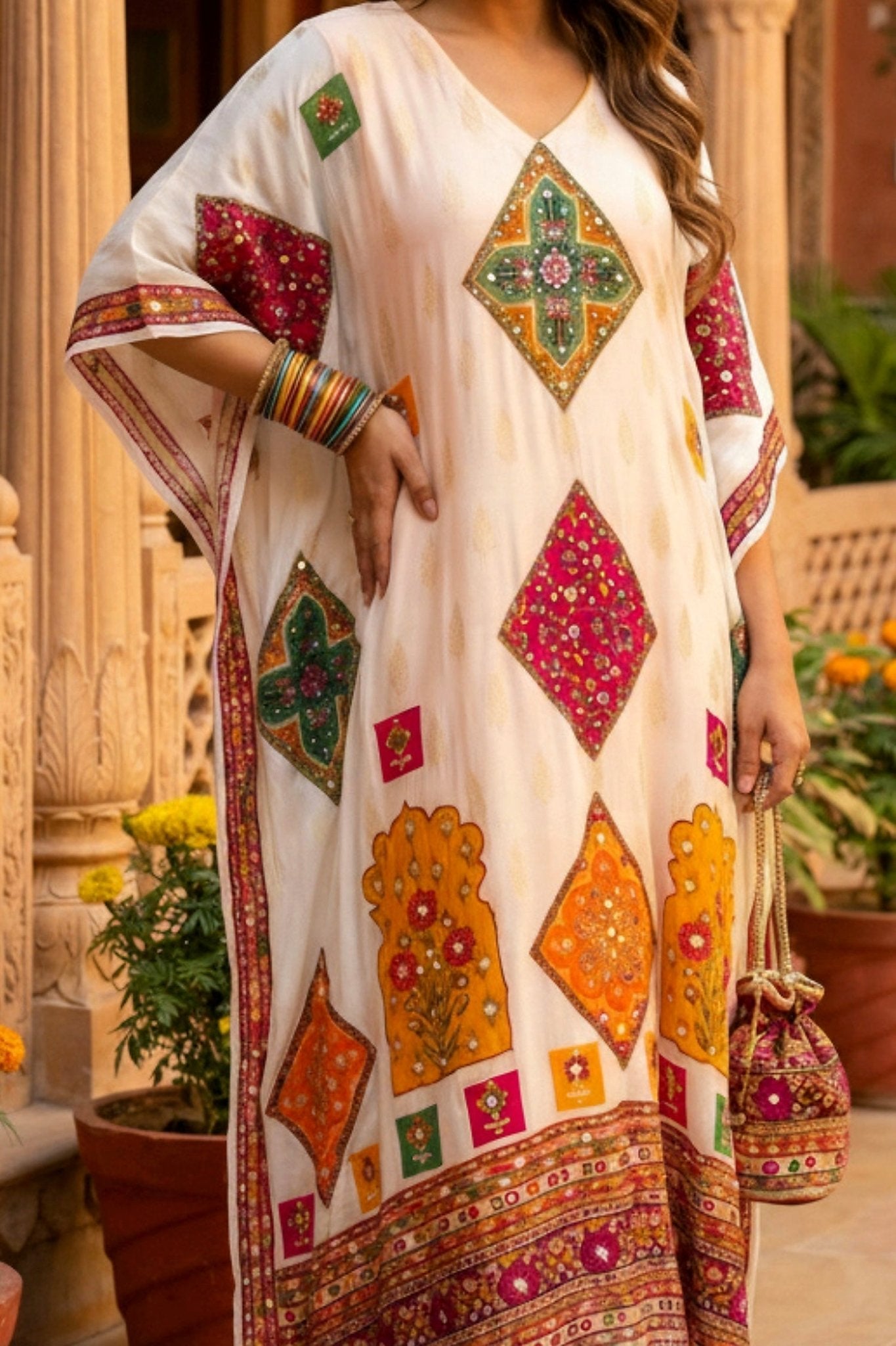 Peach Embroidered Long Kaftan with Delicate Print - Freyaa USA & Canada