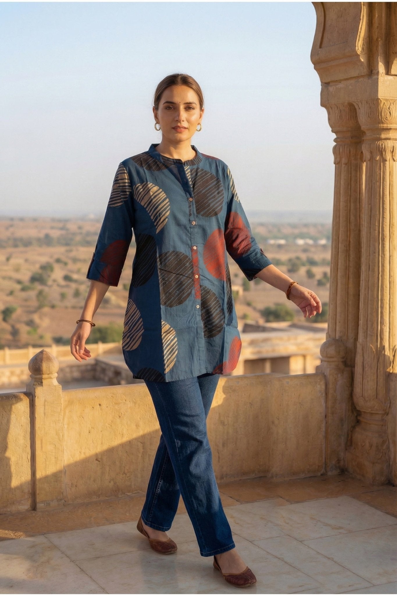Blue Cotton Top with Abstract Print Design - Freyaa USA & Canada