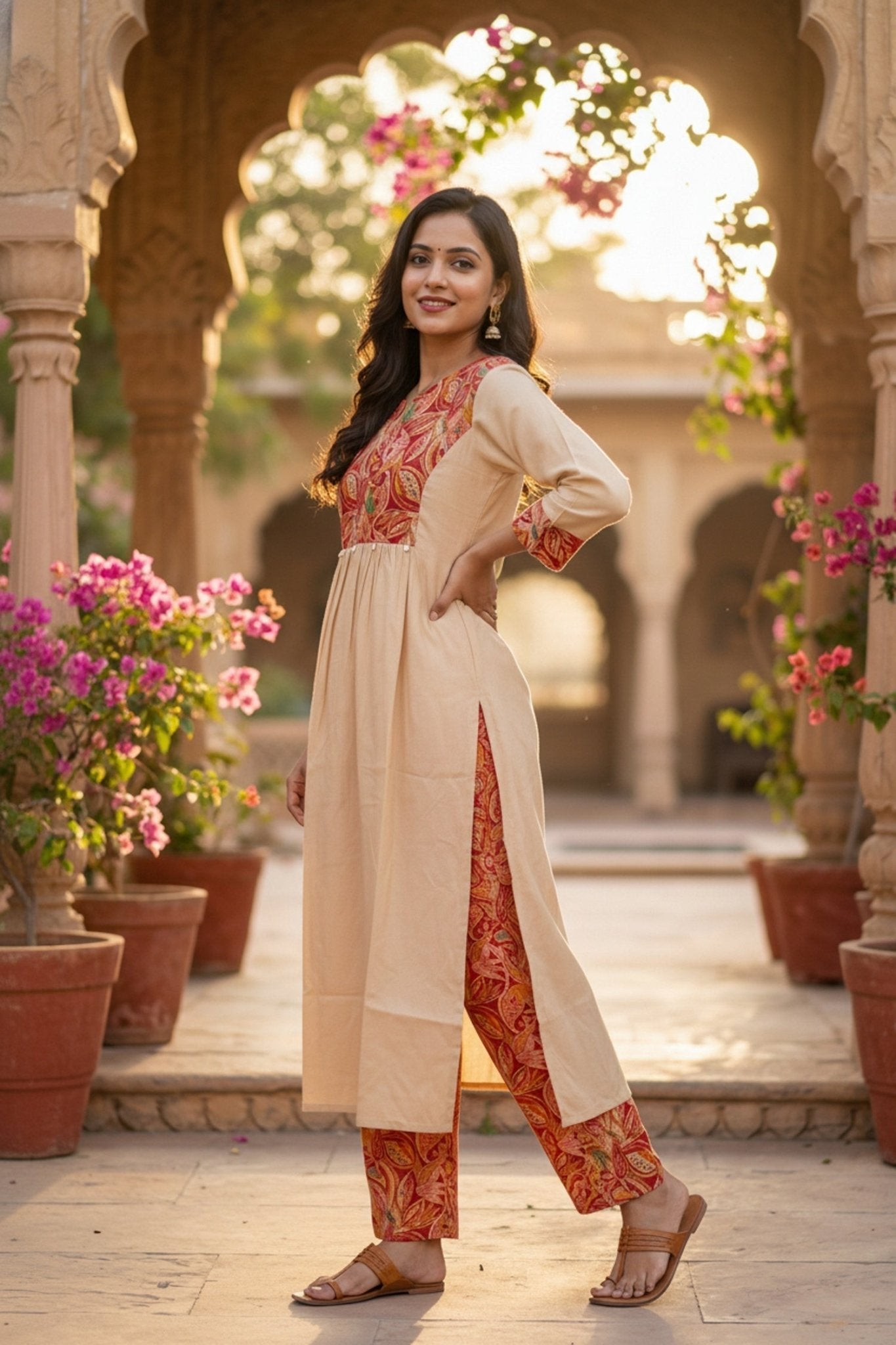 Beige Printed Cotton Co-ord Set - Freyaa USA & Canada
