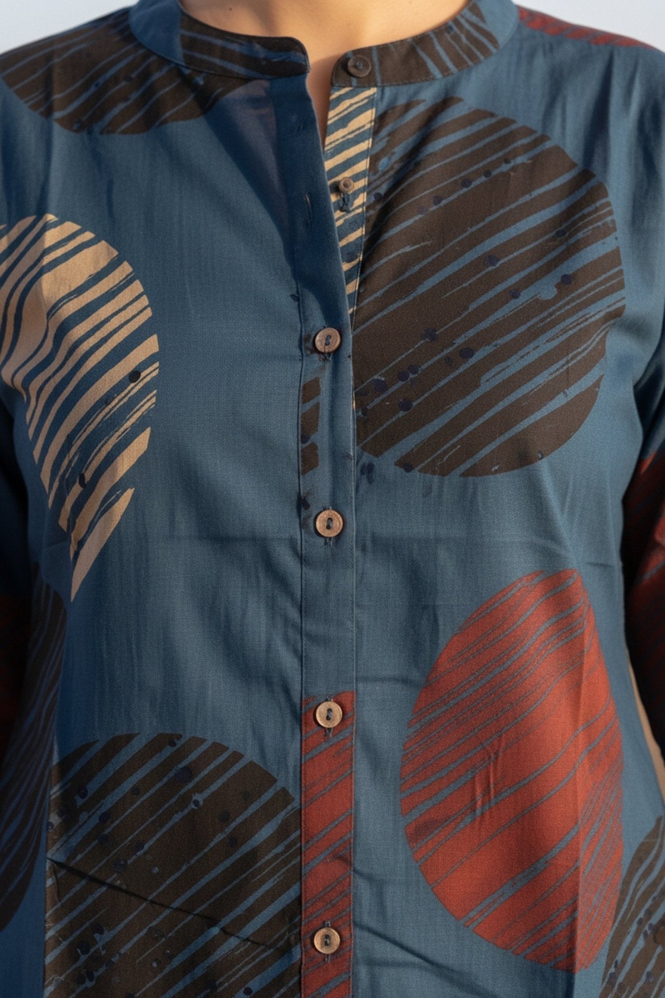 Blue Cotton Top with Abstract Print Design - Freyaa USA & Canada
