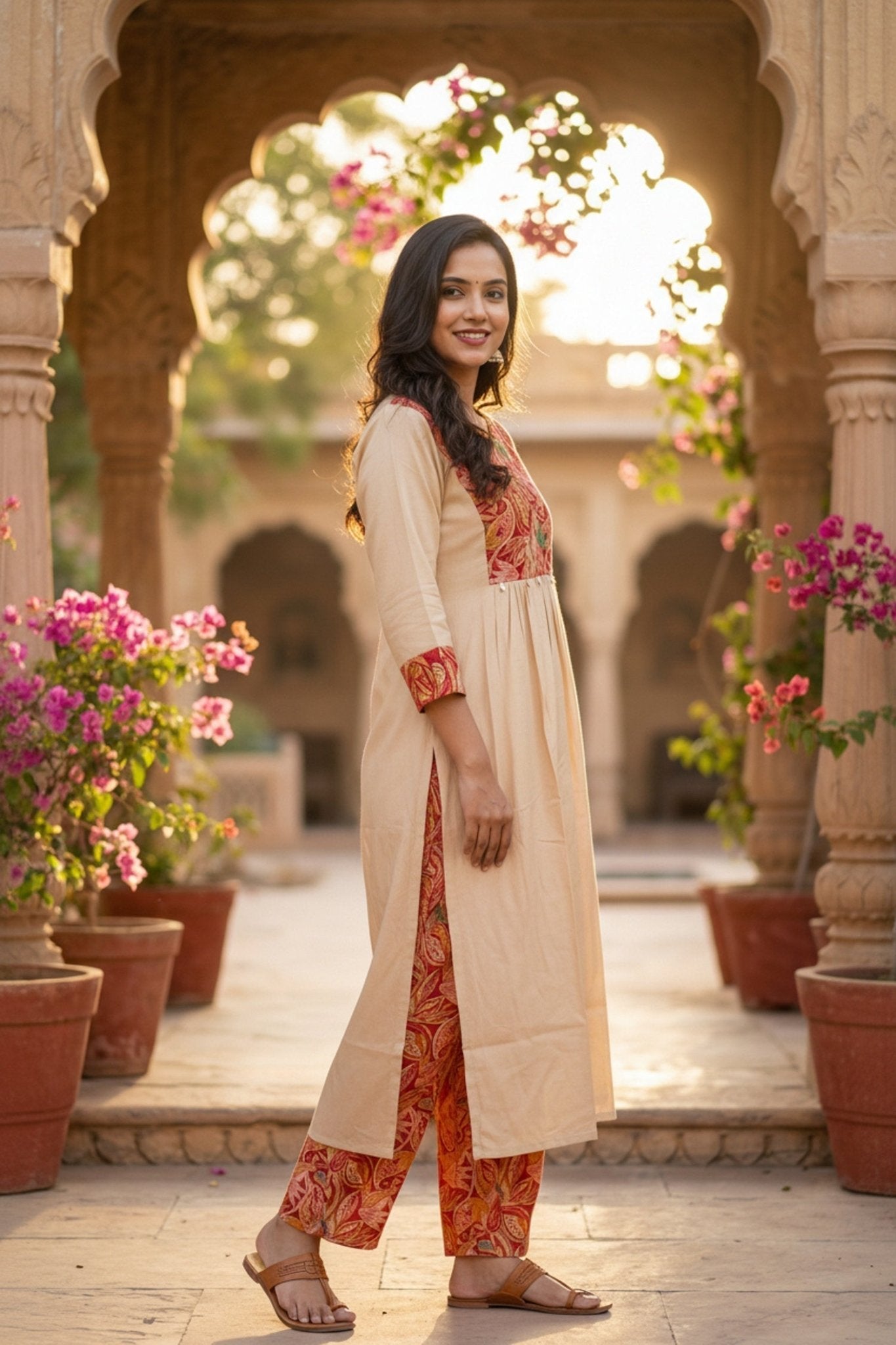 Beige Printed Cotton Co-ord Set - Freyaa USA & Canada