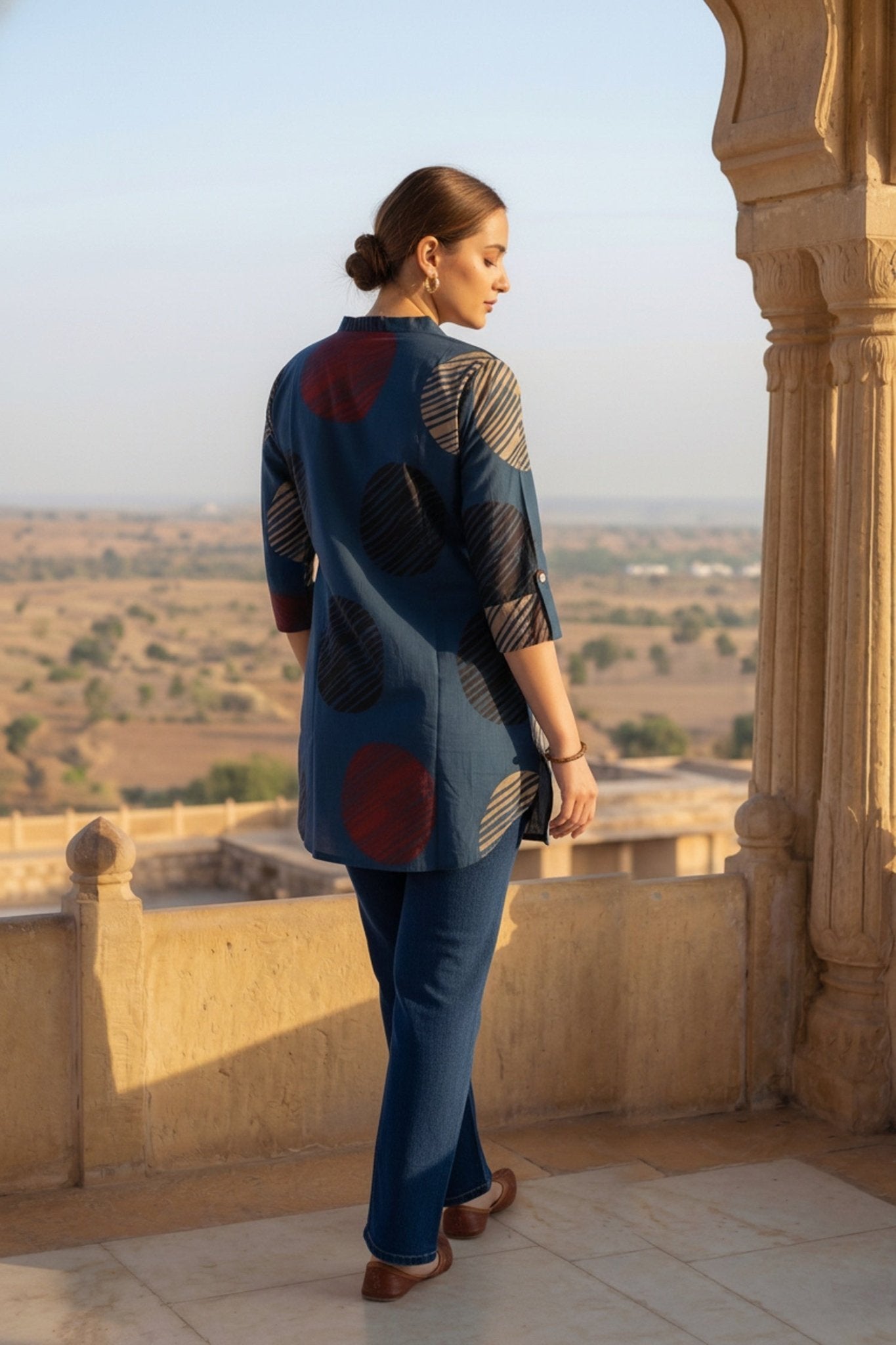 Blue Cotton Top with Abstract Print Design - Freyaa USA & Canada