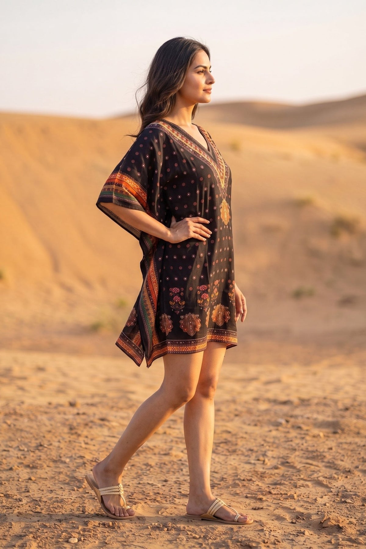 Boho V Neck Dark Red Brown Short Kaftan - Freyaa USA & Canada