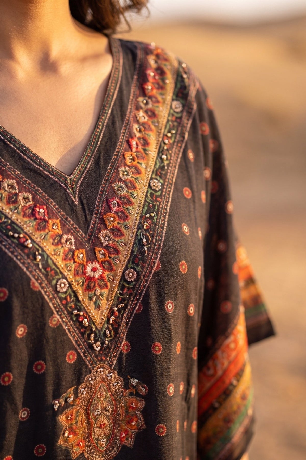 Boho V Neck Dark Red Brown Short Kaftan - Freyaa USA & Canada