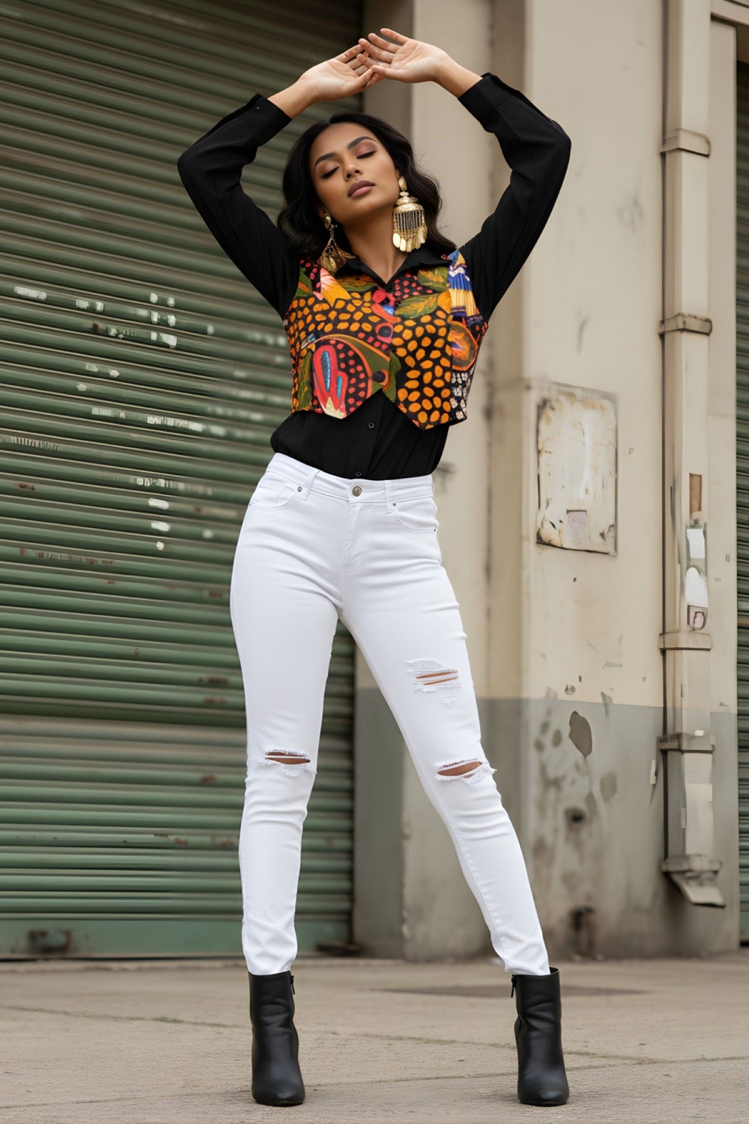 Black Shirt with Printed Cropped Jacket