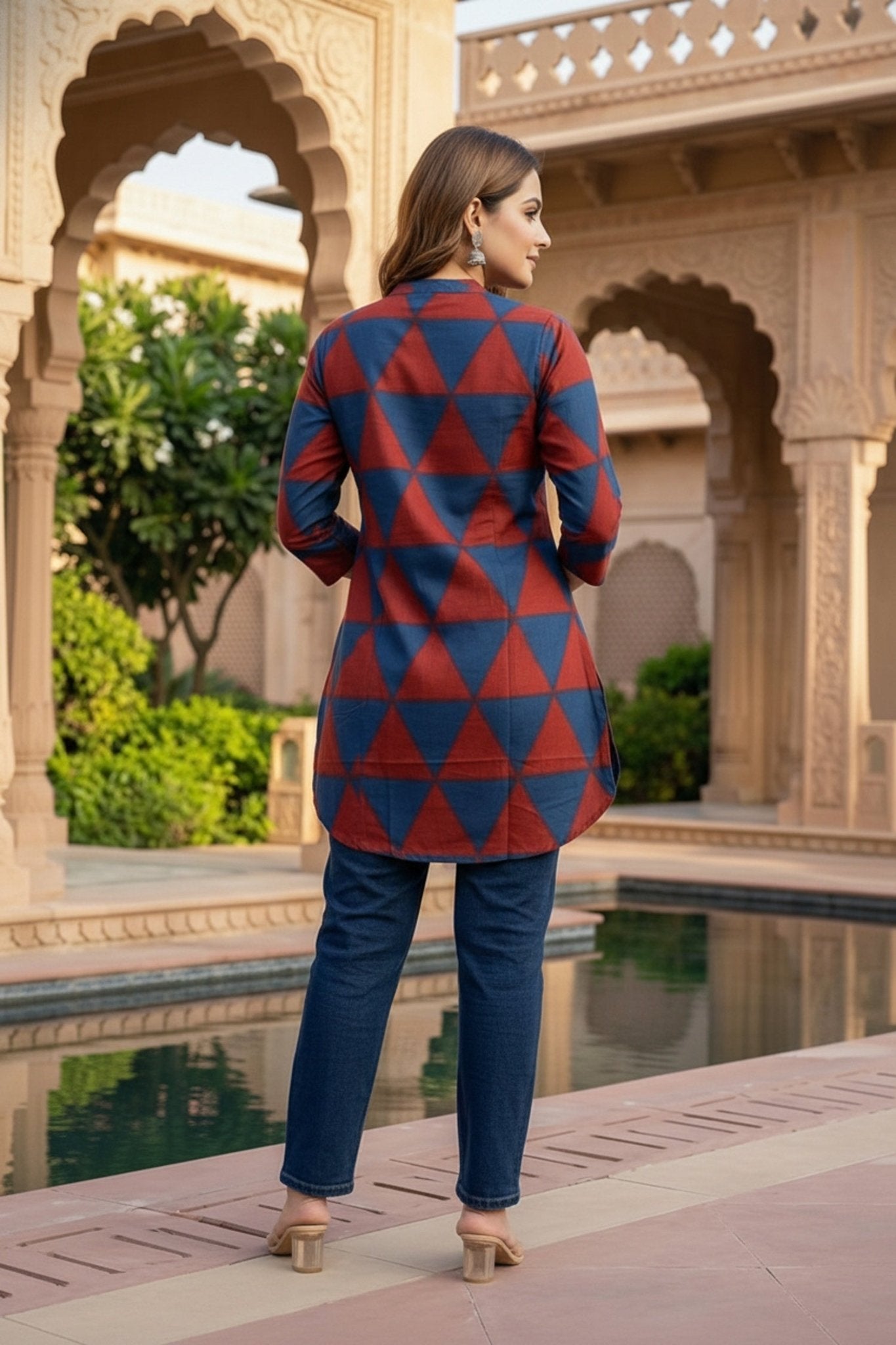 Geometric Triangle Print Red Cotton Top - Freyaa USA & Canada
