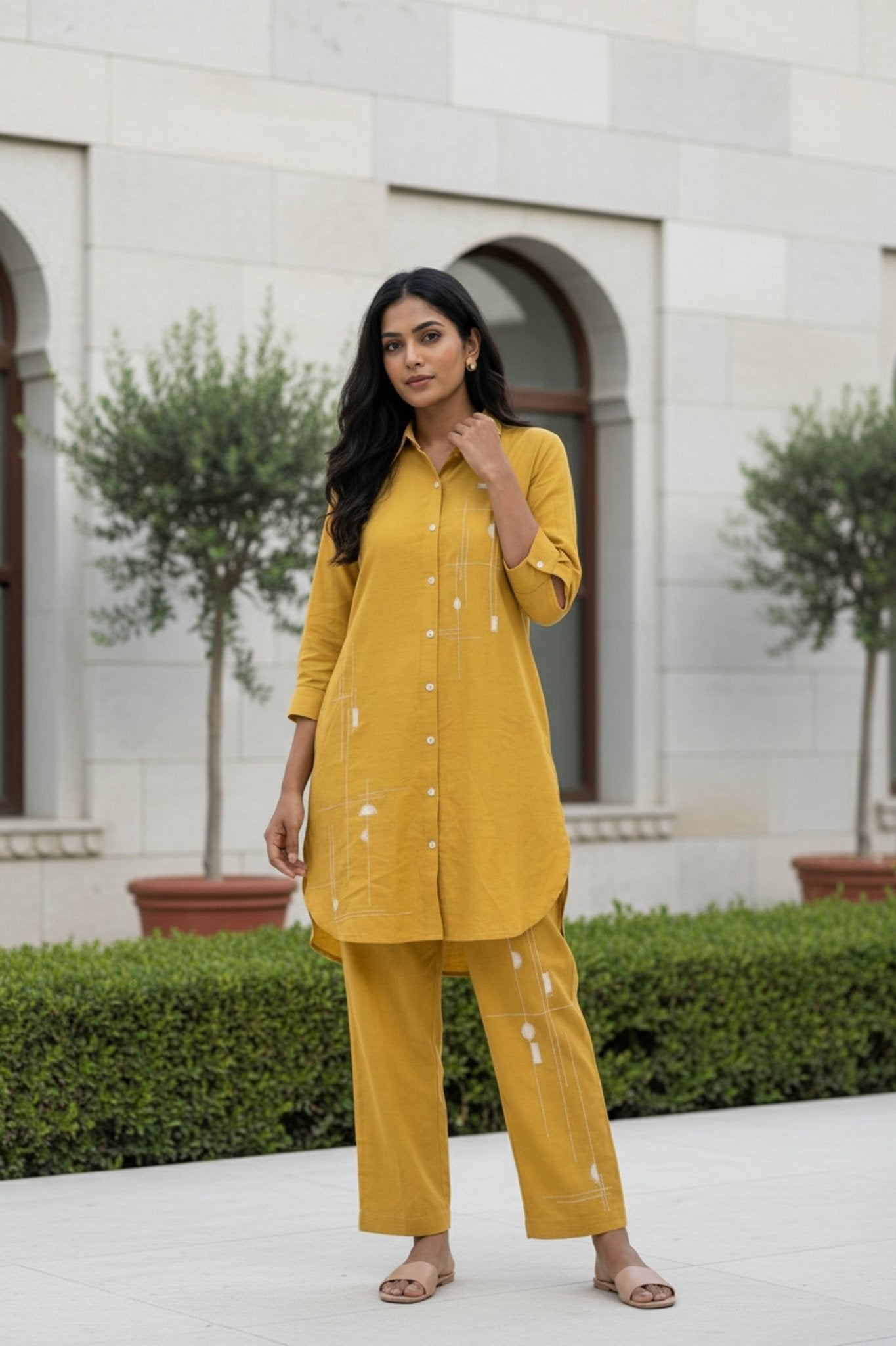 Yellow Cord Set with Graphic Print Detailing - Freyaa USA & Canada