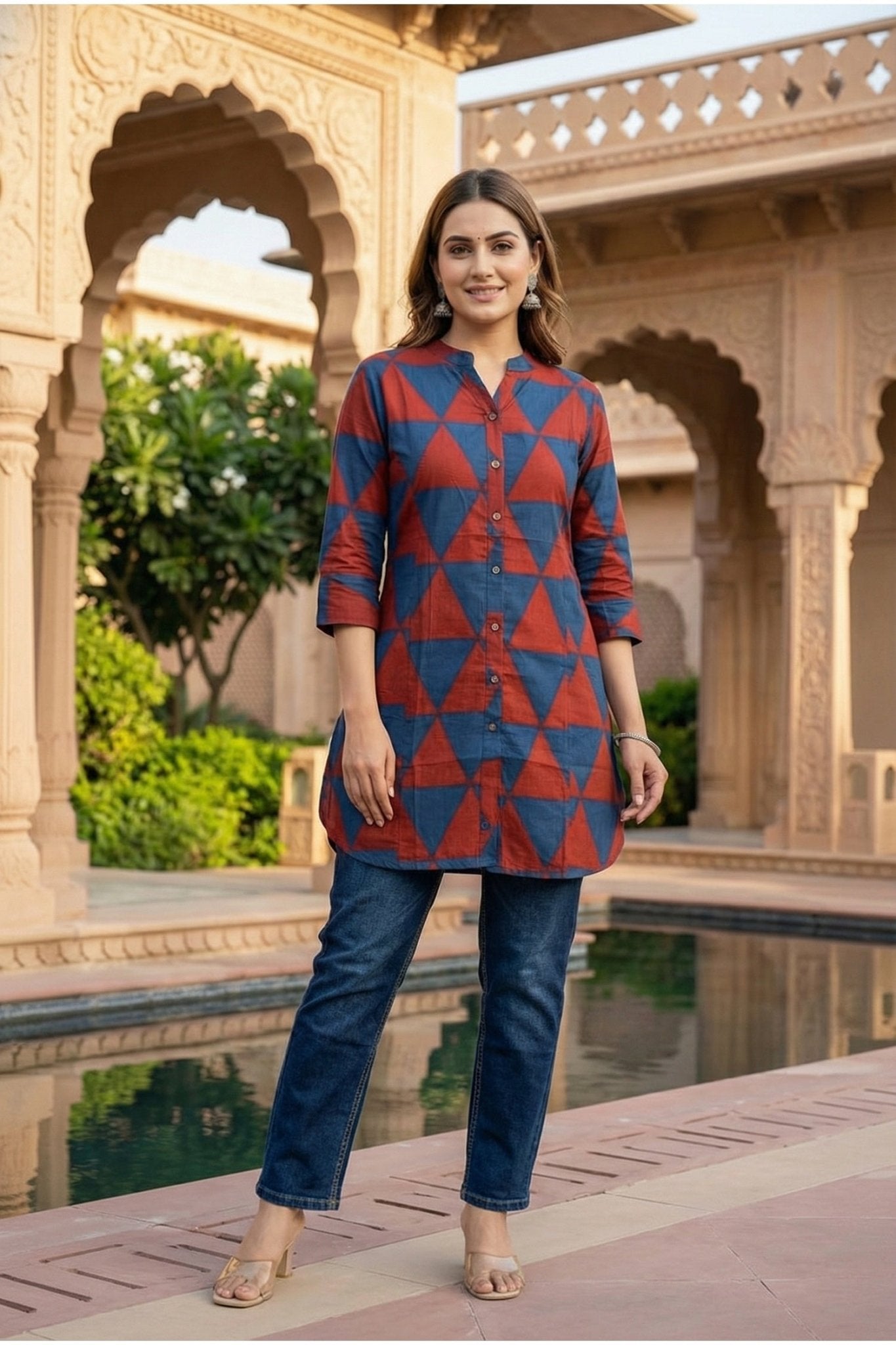 Geometric Triangle Print Red Cotton Top - Freyaa USA & Canada