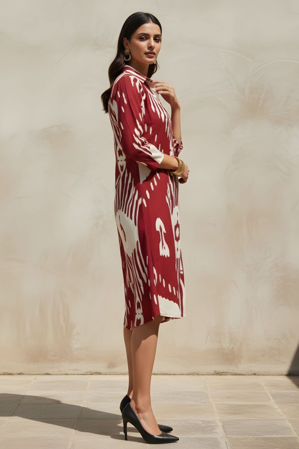 Abstract Printed Maroon Red Shirt Midi Dress - Freyaa USA & Canada