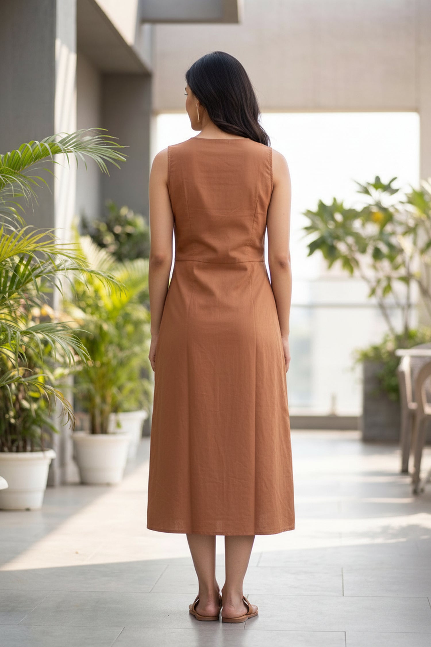 Rust Cotton Sleeveless Wrap Midi Dress