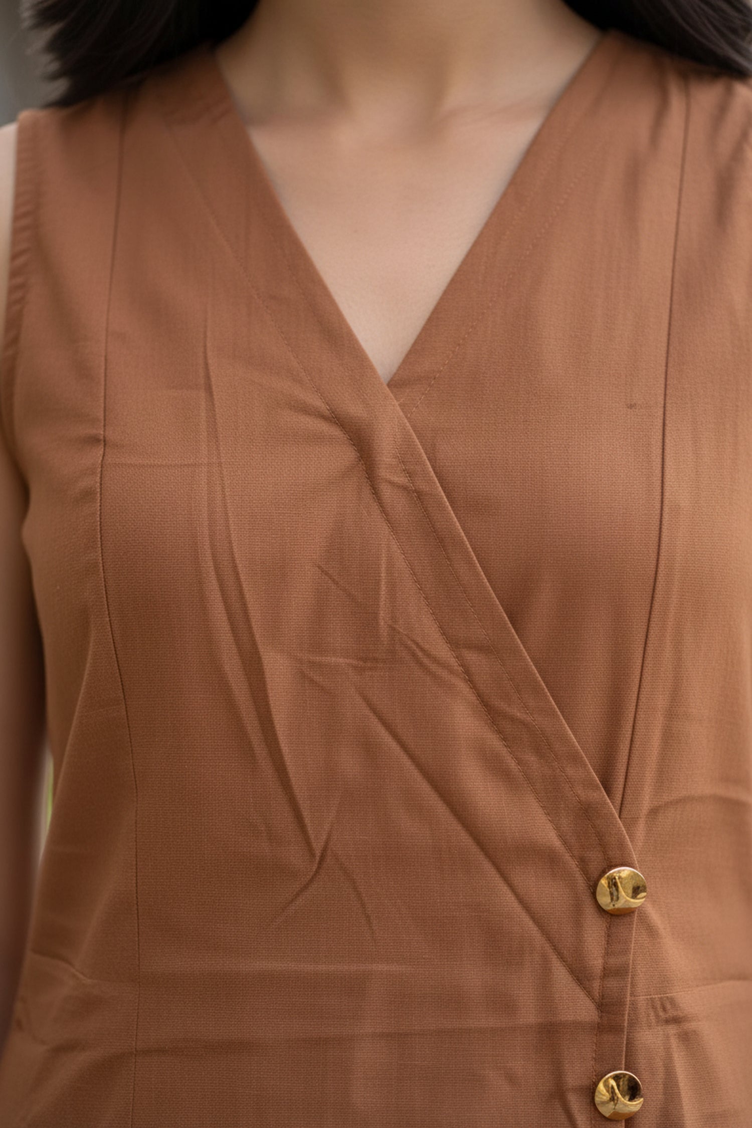 Rust Cotton Sleeveless Wrap Midi Dress