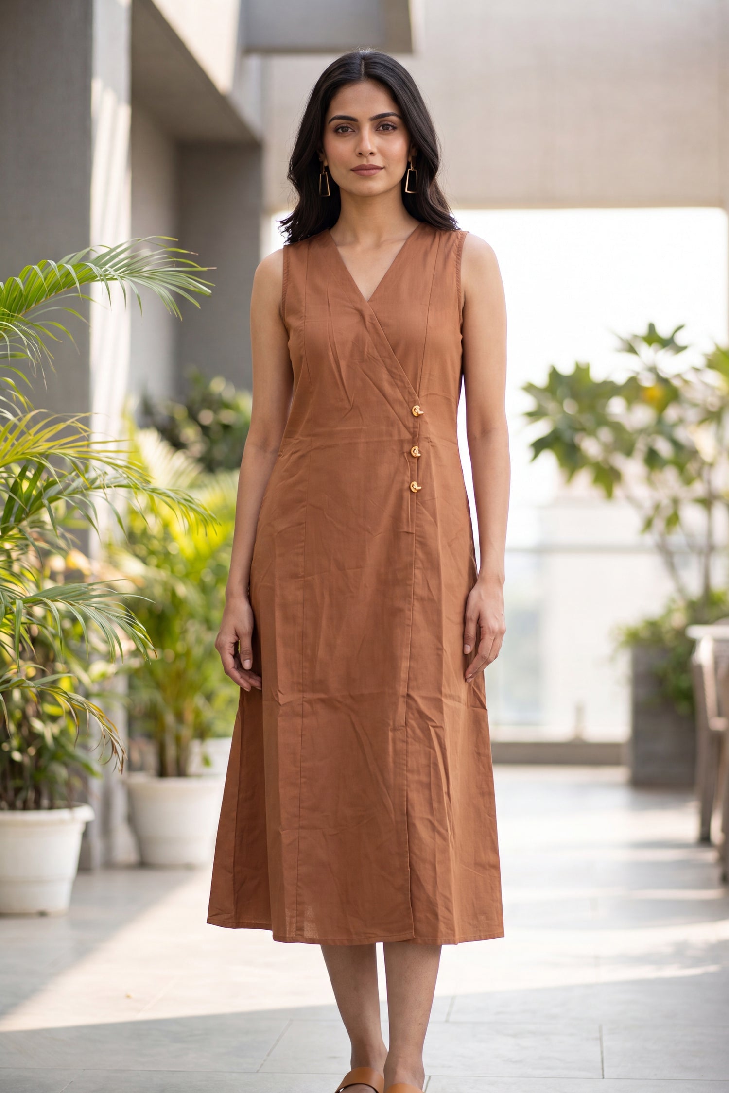 Rust Cotton Sleeveless Wrap Midi Dress