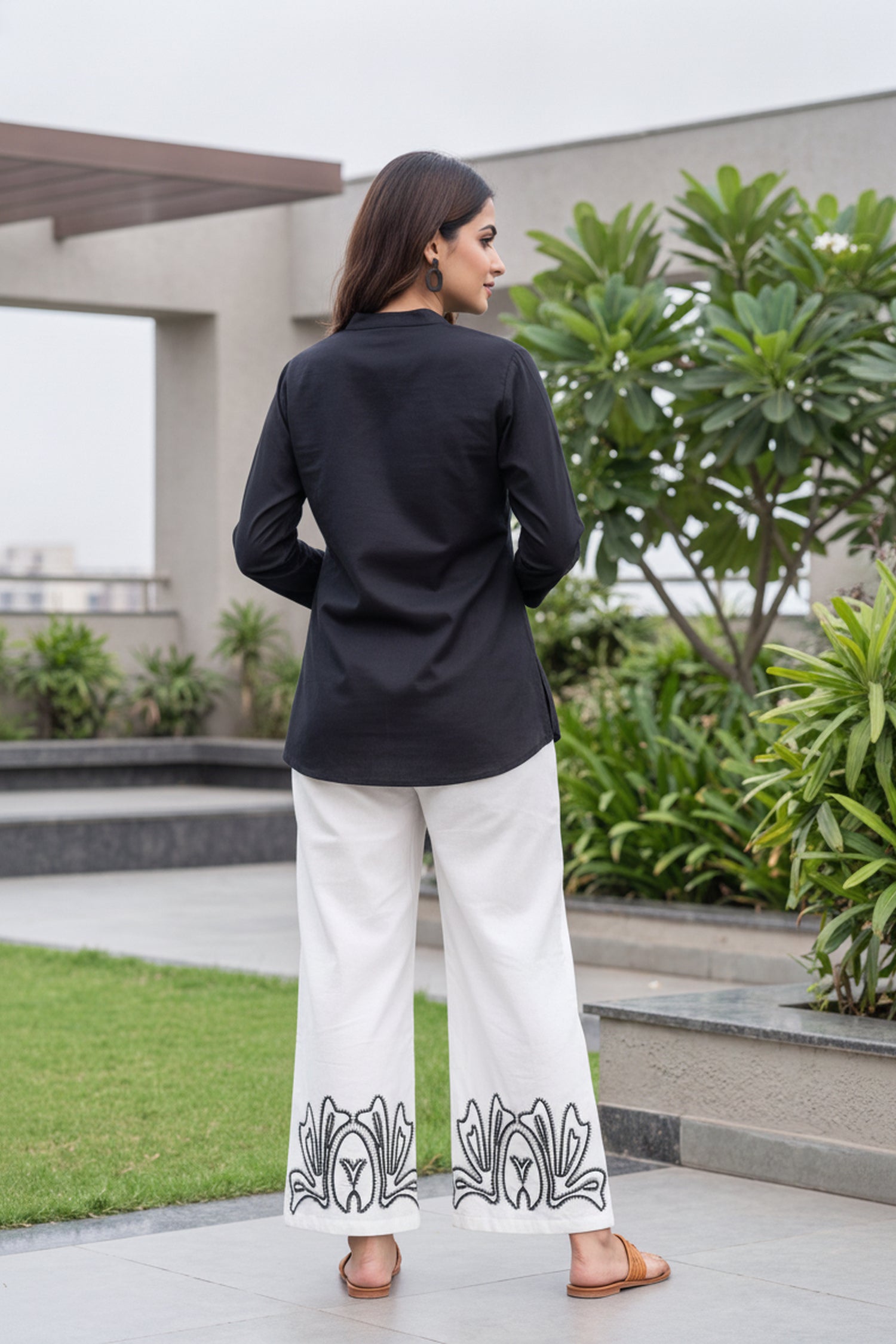 Black Cotton Shirt & White Printed Palazzo Co-Ord Set
