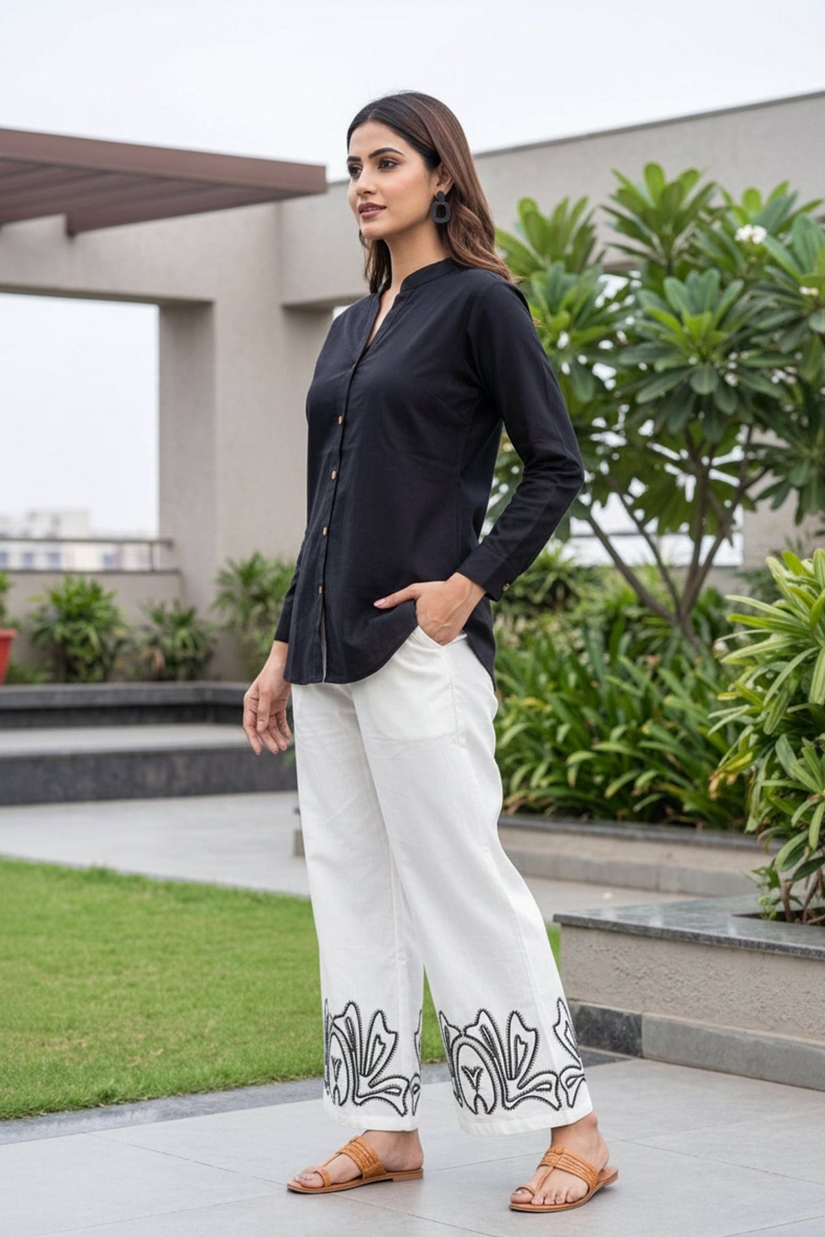 Black Cotton Shirt & White Printed Palazzo Co-Ord Set - Freyaa