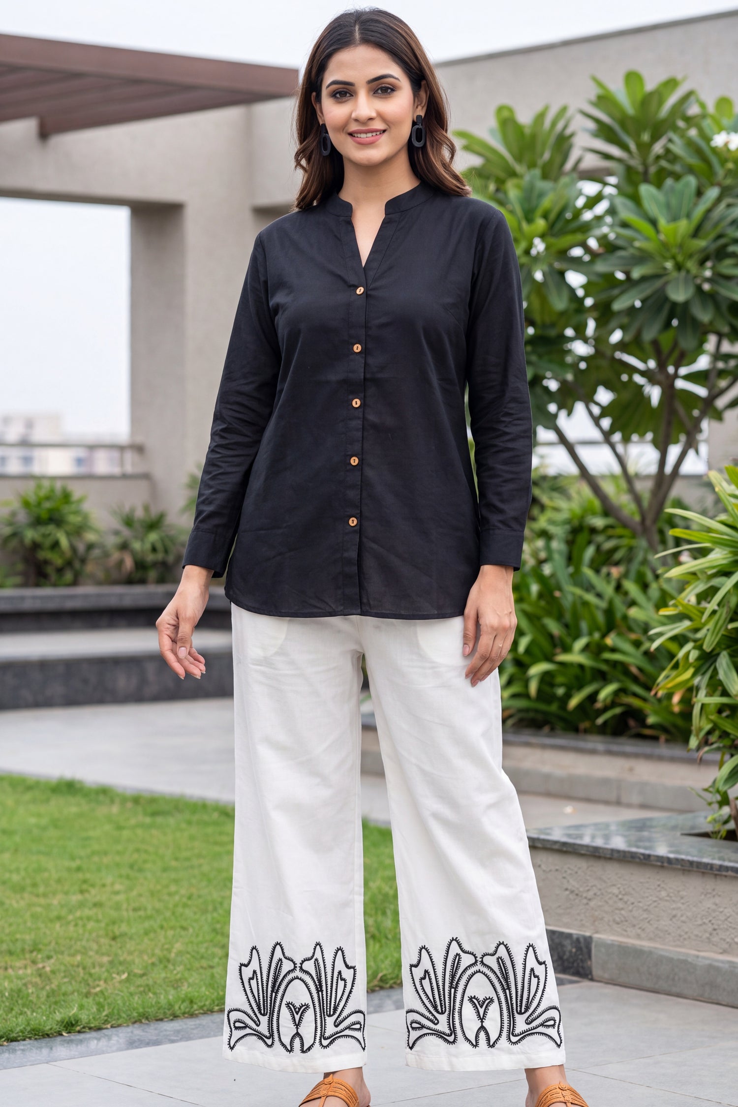 Black Cotton Shirt & White Printed Palazzo Co-Ord Set