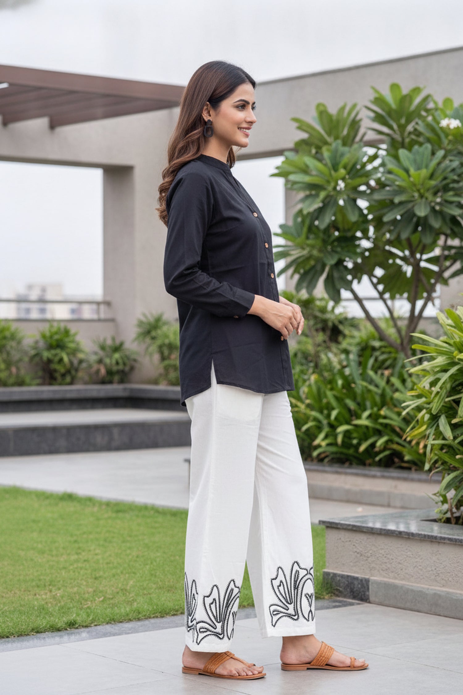 Black Cotton Shirt & White Printed Palazzo Co-Ord Set