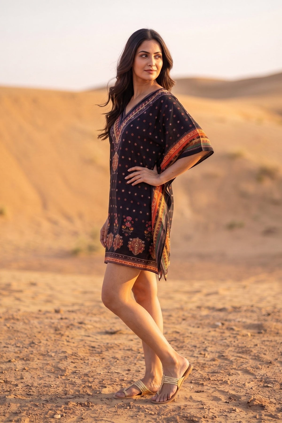 Boho V Neck Dark Red Brown Short Kaftan - Freyaa USA & Canada