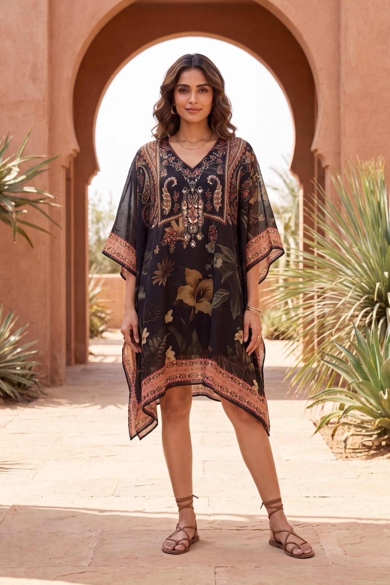 Black Embroidered Printed Short Kaftan - Freyaa USA & Canada