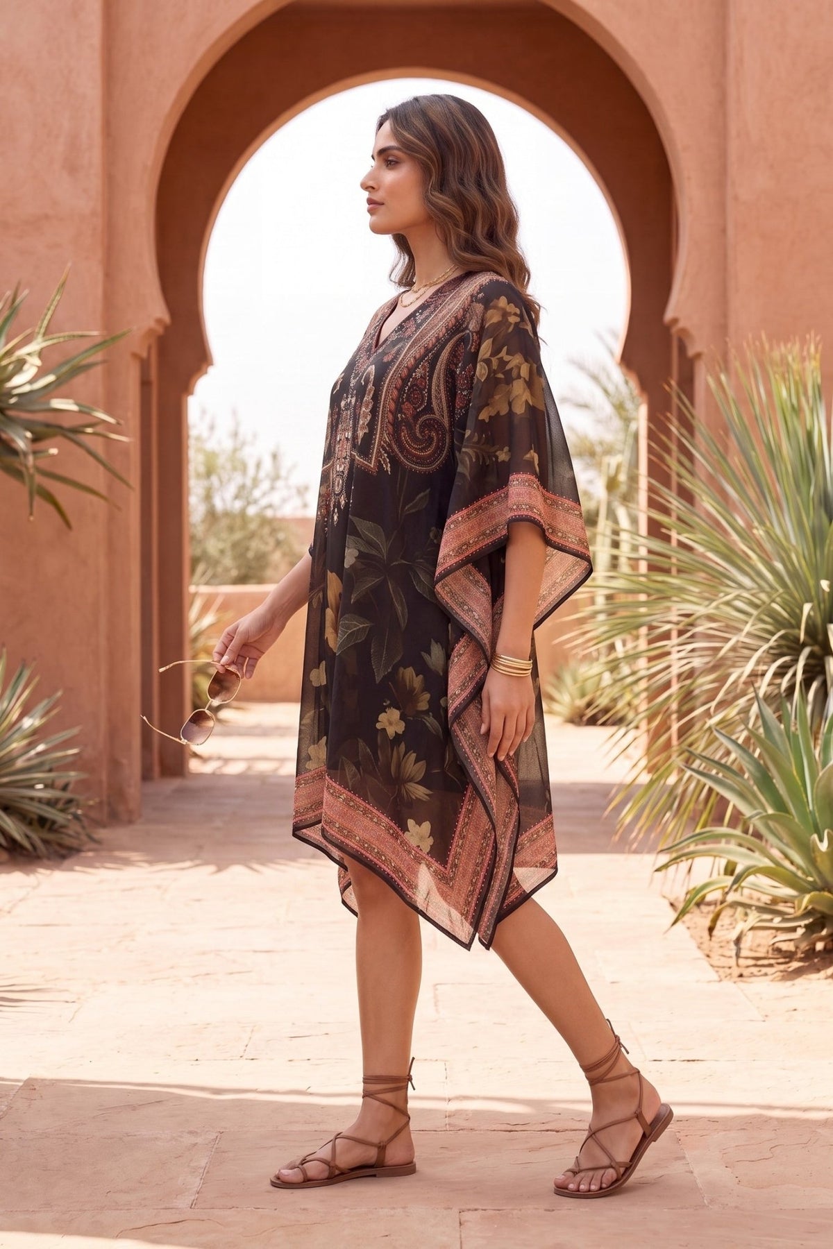 Black Embroidered Printed Short Kaftan - Freyaa USA & Canada