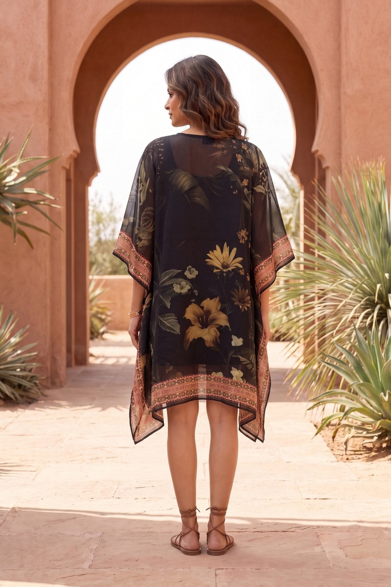 Black Embroidered Printed Short Kaftan - Freyaa USA & Canada