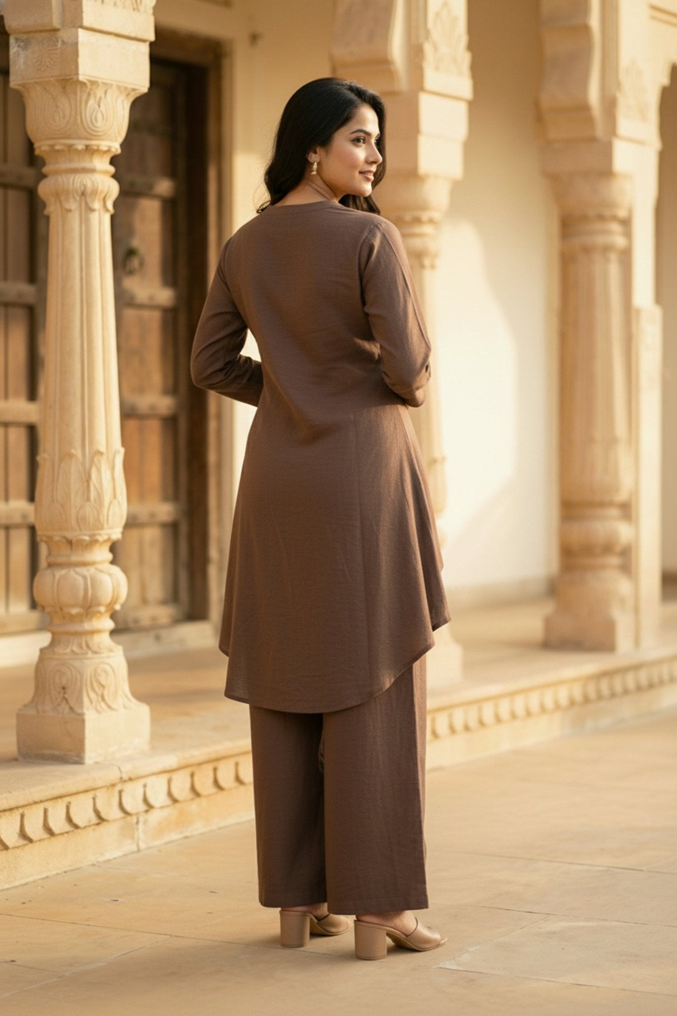 Brown Co-ord Set with Floral Embellished Top - Freyaa USA & Canada