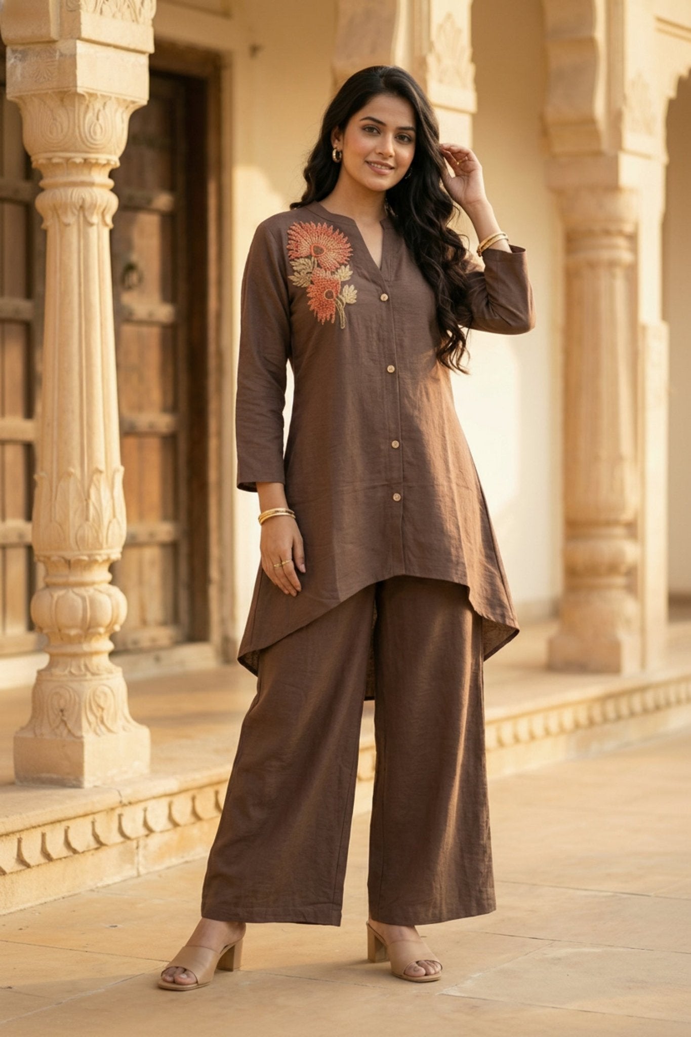 Brown Co-ord Set with Floral Embellished Top - Freyaa USA & Canada
