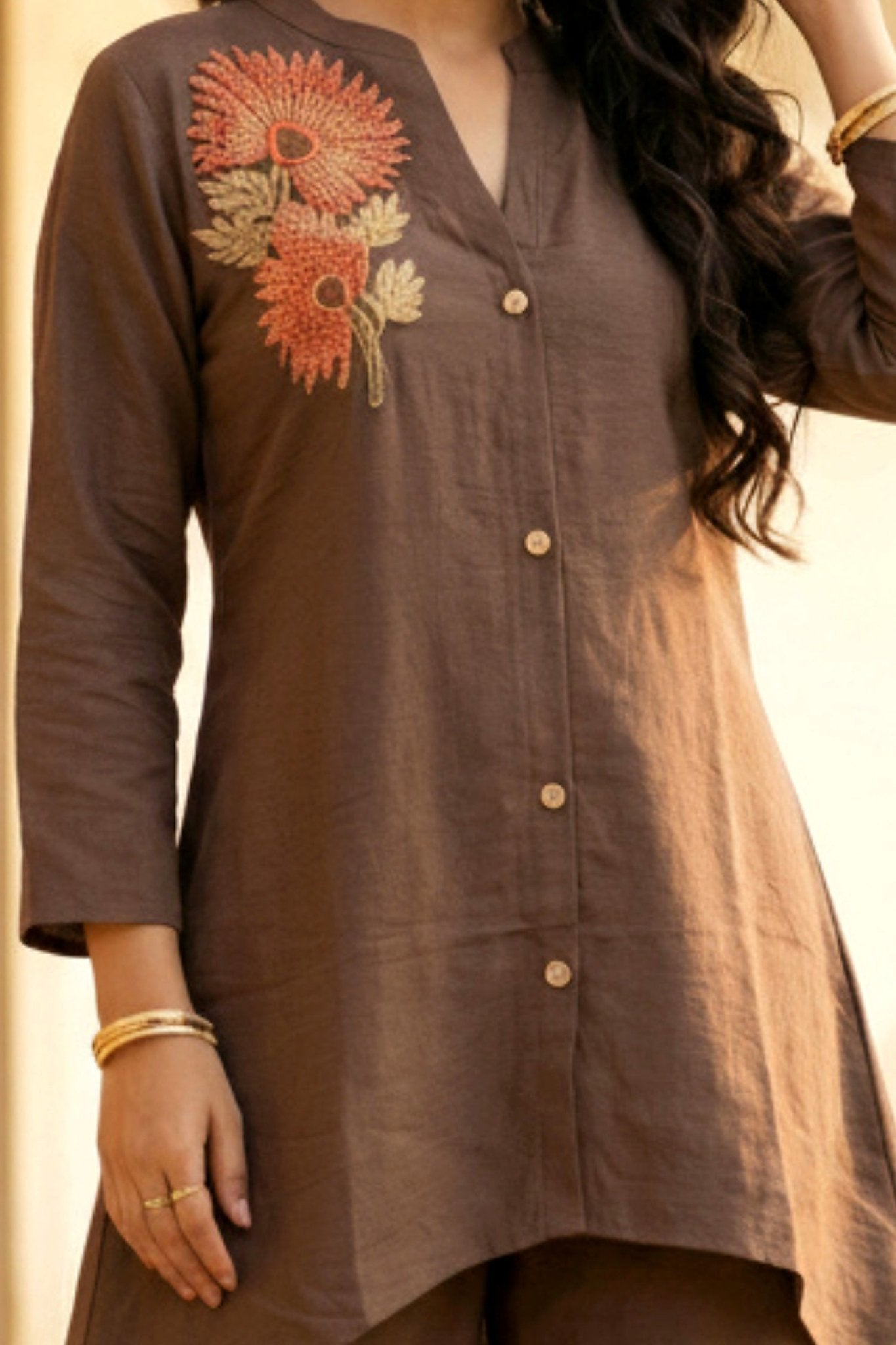 Brown Co-ord Set with Floral Embellished Top - Freyaa USA & Canada