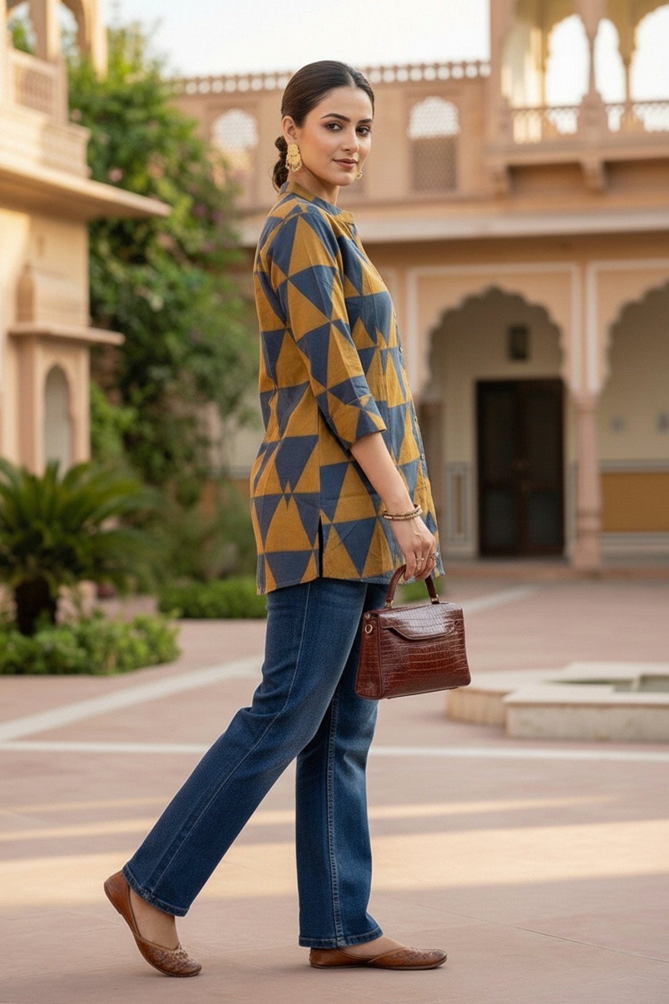 Mustard Cotton Top with Geometric Design - Freyaa USA & Canada