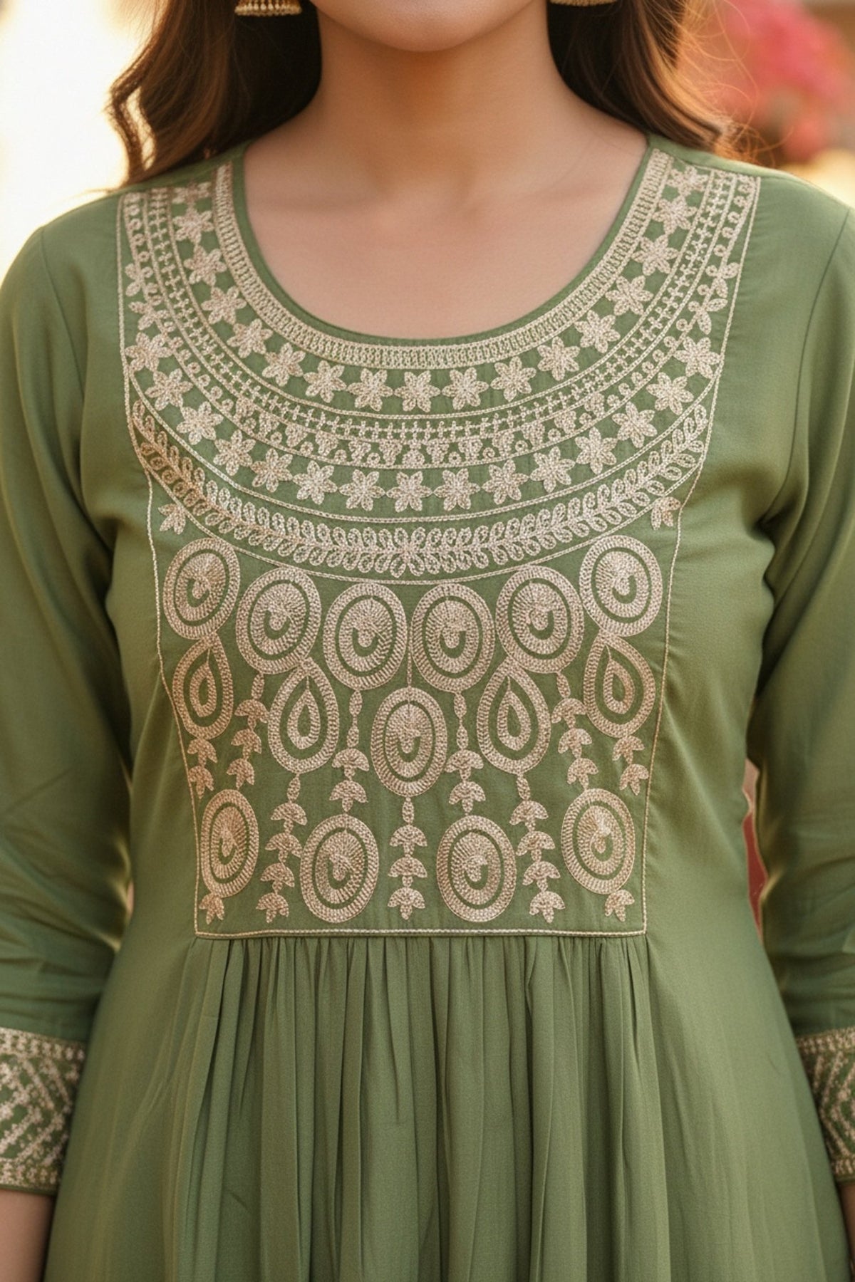 Green Embroidered Kurta Set with Tissue Silk Dupatta - Freyaa USA & Canada