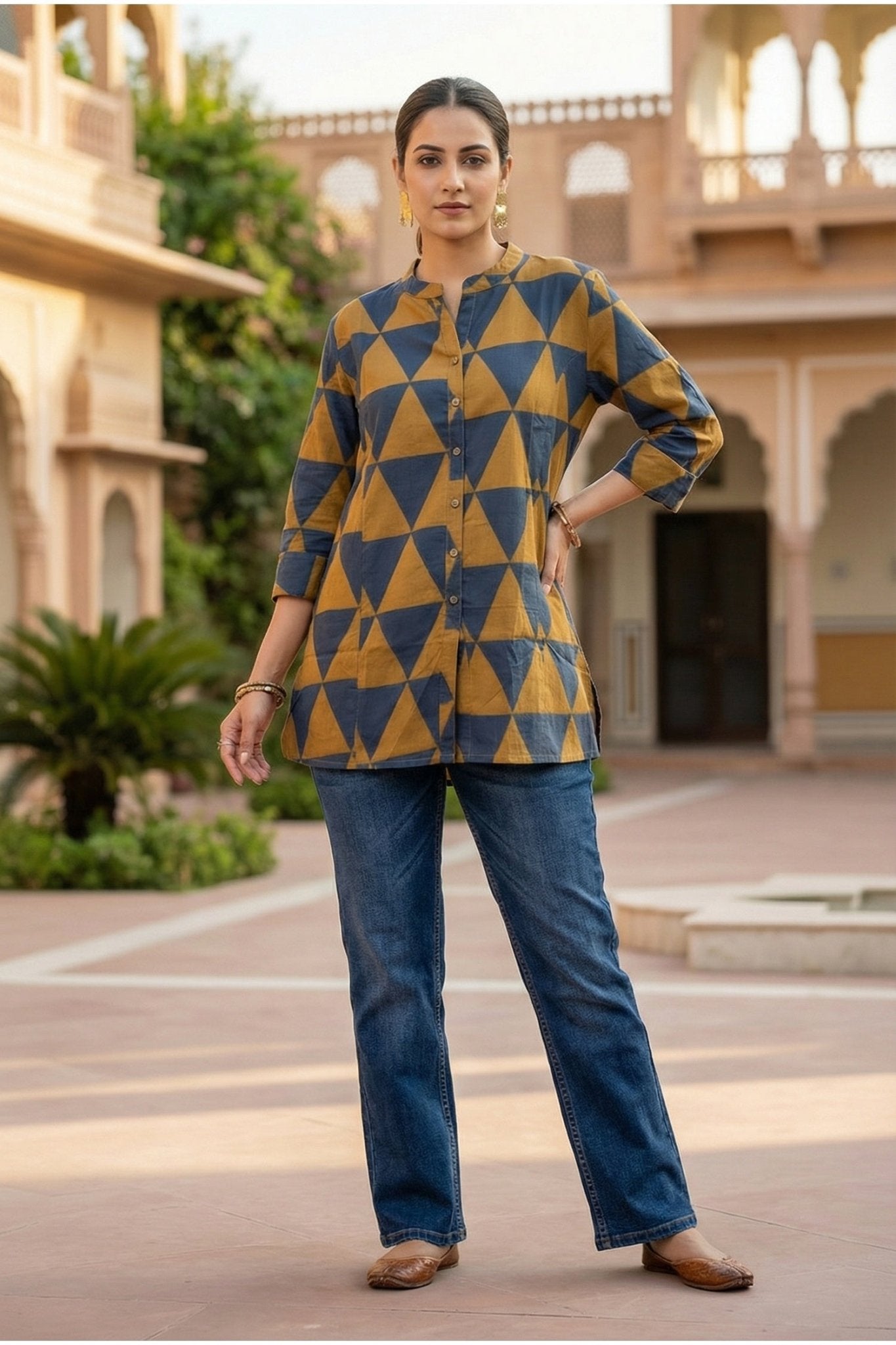 Mustard Cotton Top with Geometric Design - Freyaa USA & Canada