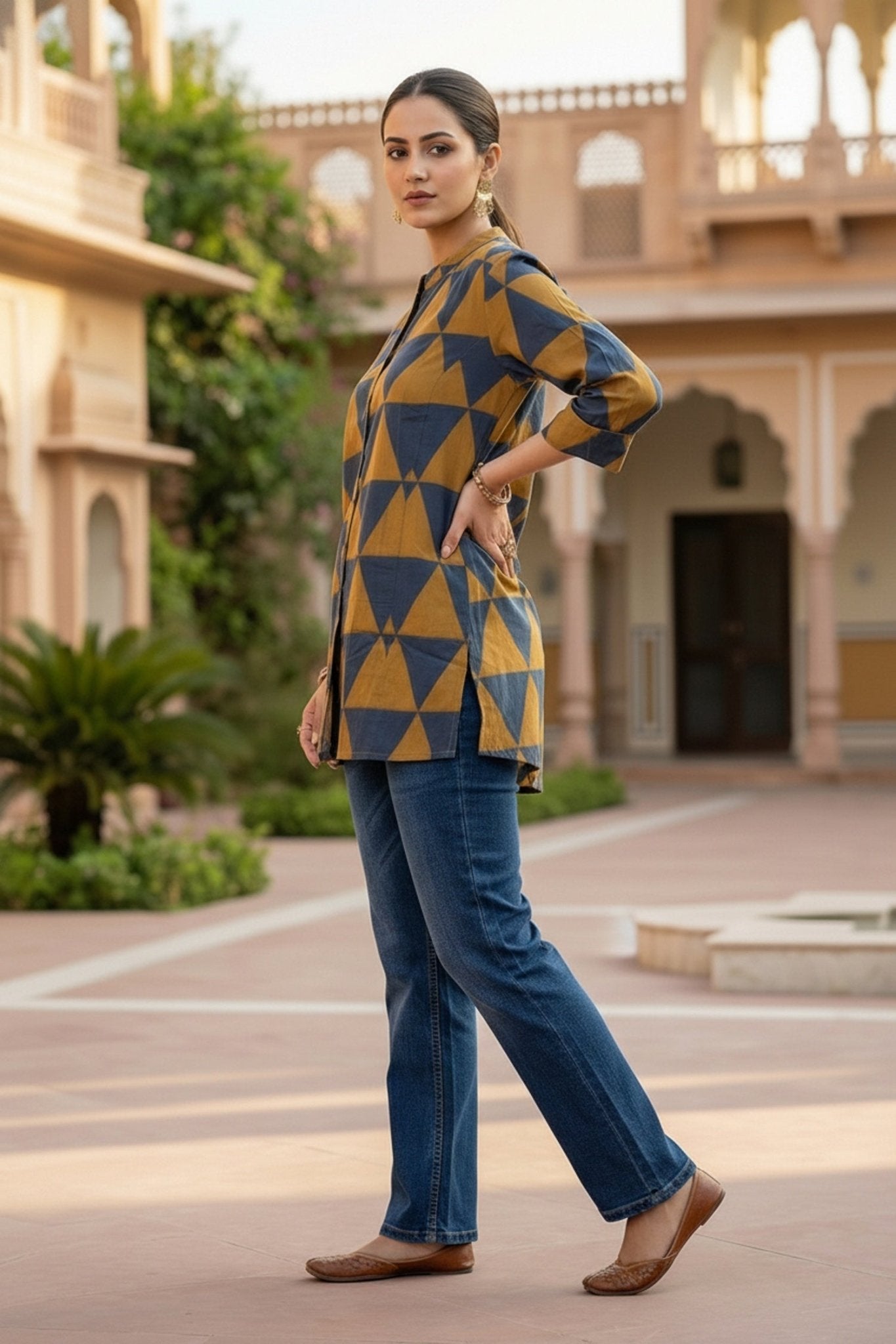 Mustard Cotton Top with Geometric Design - Freyaa USA & Canada