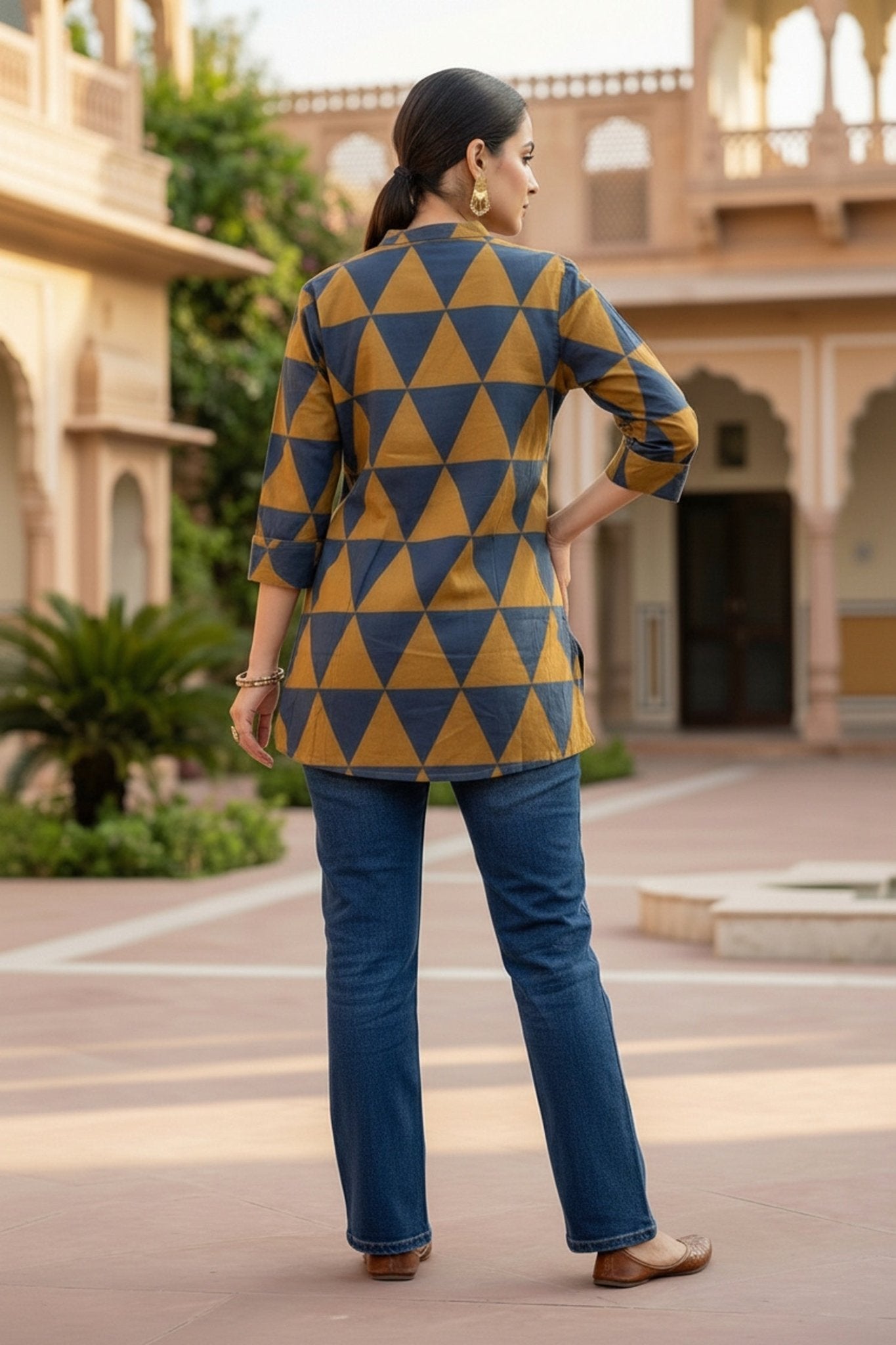 Mustard Cotton Top with Geometric Design - Freyaa USA & Canada
